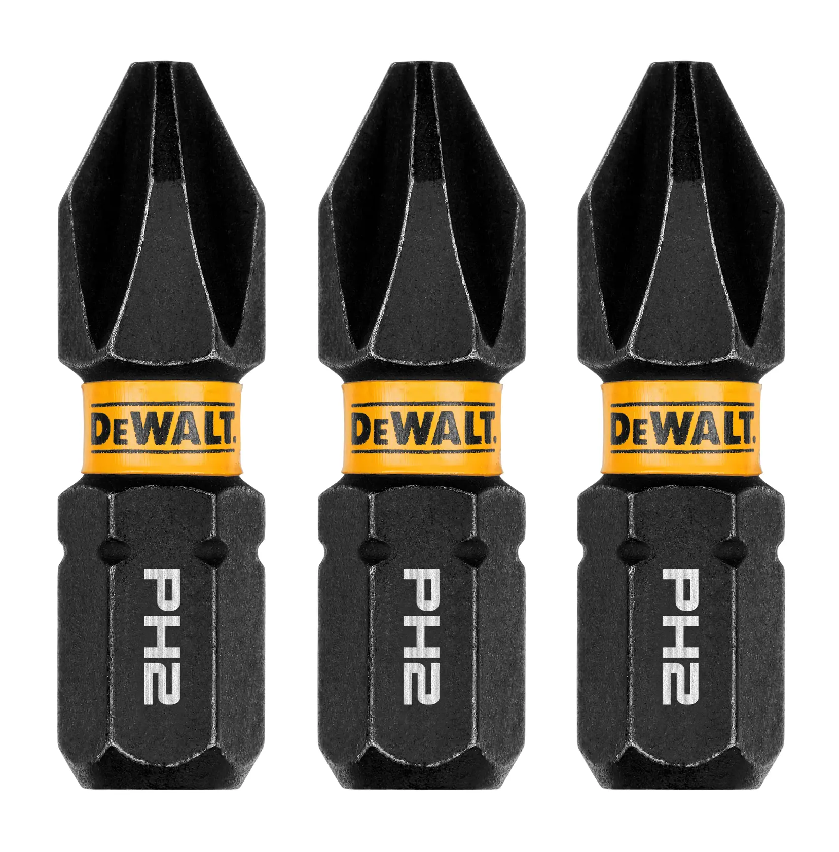 Três ponteiras de chave de fenda PH2 DEWALT com acabamento preto e marcação amarela DEWALT, organizadas verticalmente em linha.