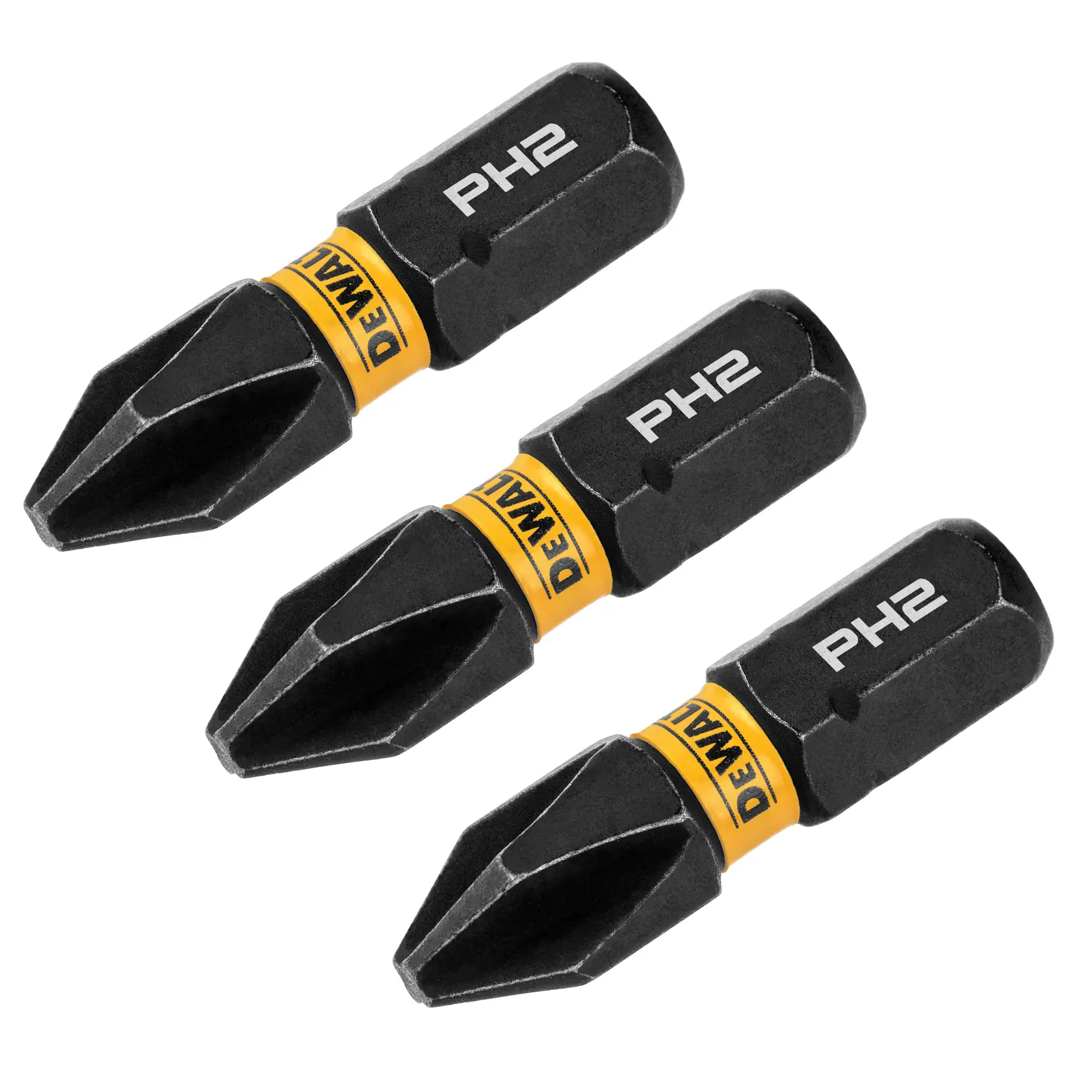 Três bits de chave de fenda DEWALT PH2 estão dispostos diagonalmente. Cada bit é preto com um anel amarelo da marca DEWALT próximo à base e 'PH2' estampado em branco no topo.