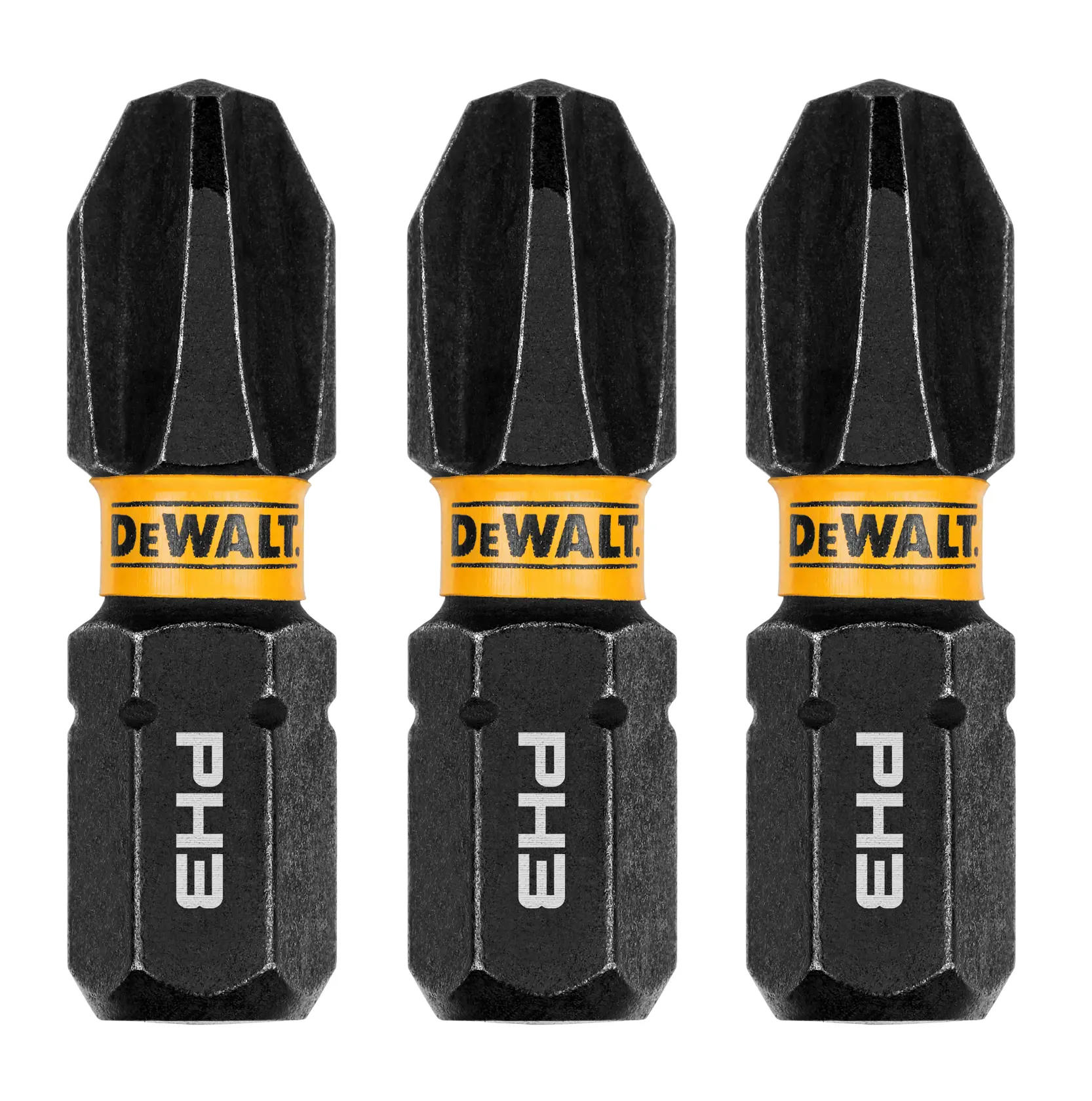 Três pontas Phillips PH3 da marca DEWALT, mostradas na posição vertical sobre um fundo branco.