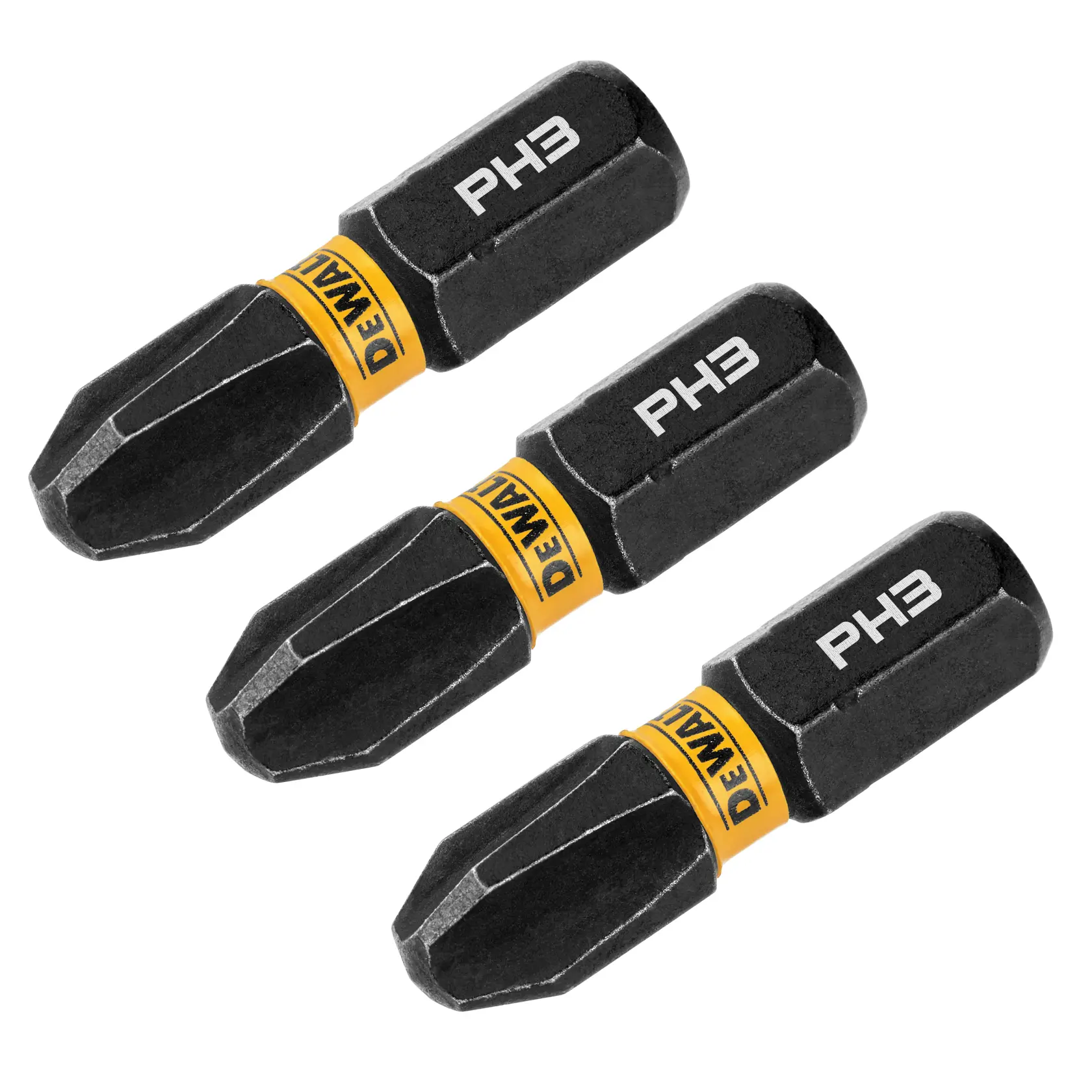 Três bits de chave de fenda PH3 DEWALT, cada um preto com uma faixa amarela marcada DEWALT.