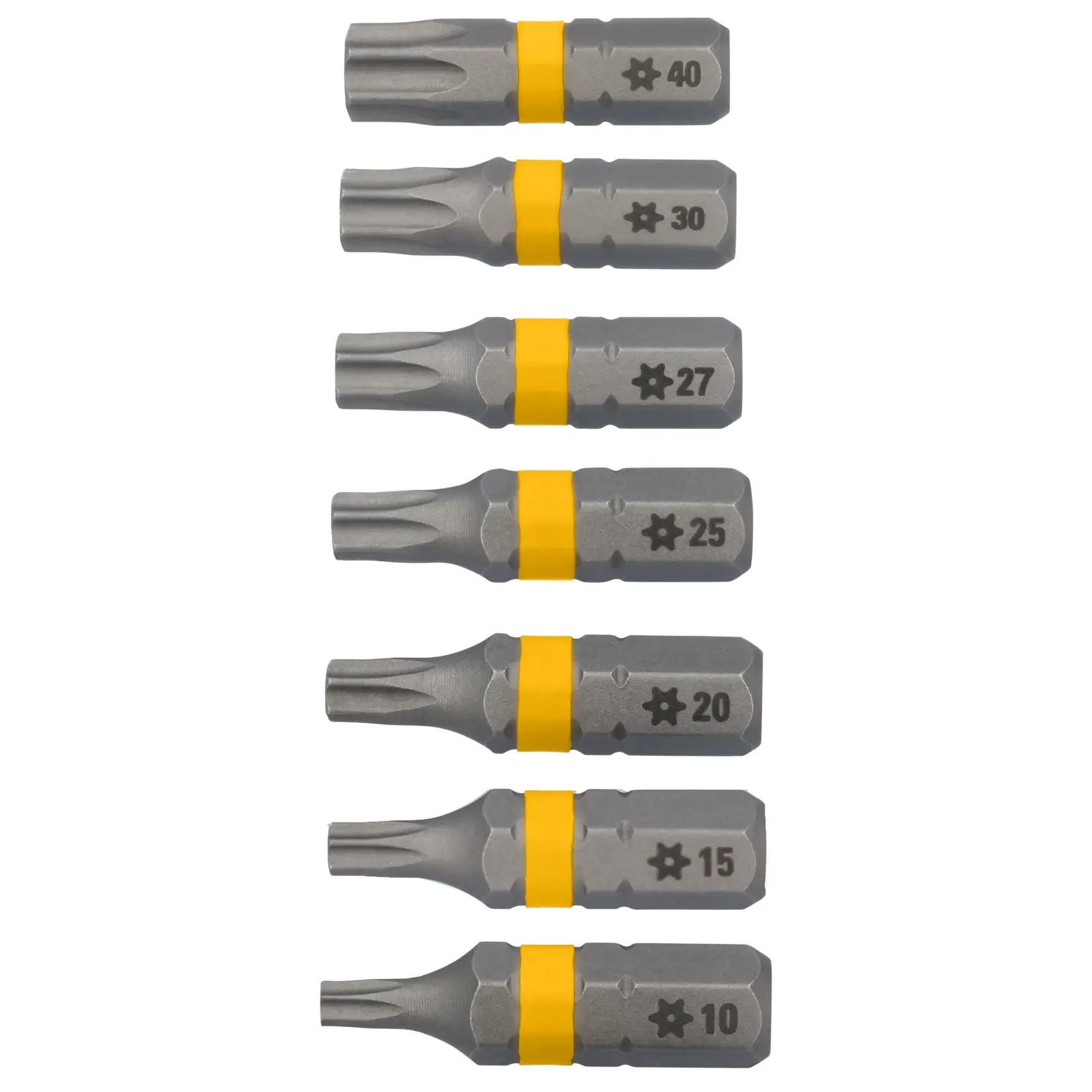 Um conjunto de sete bits de chave de fenda Torx DEWALT com faixas amarelas, organizados verticalmente. Cada bit está marcado com o tamanho: T40, T30, T27, T25, T20, T15 e T10.