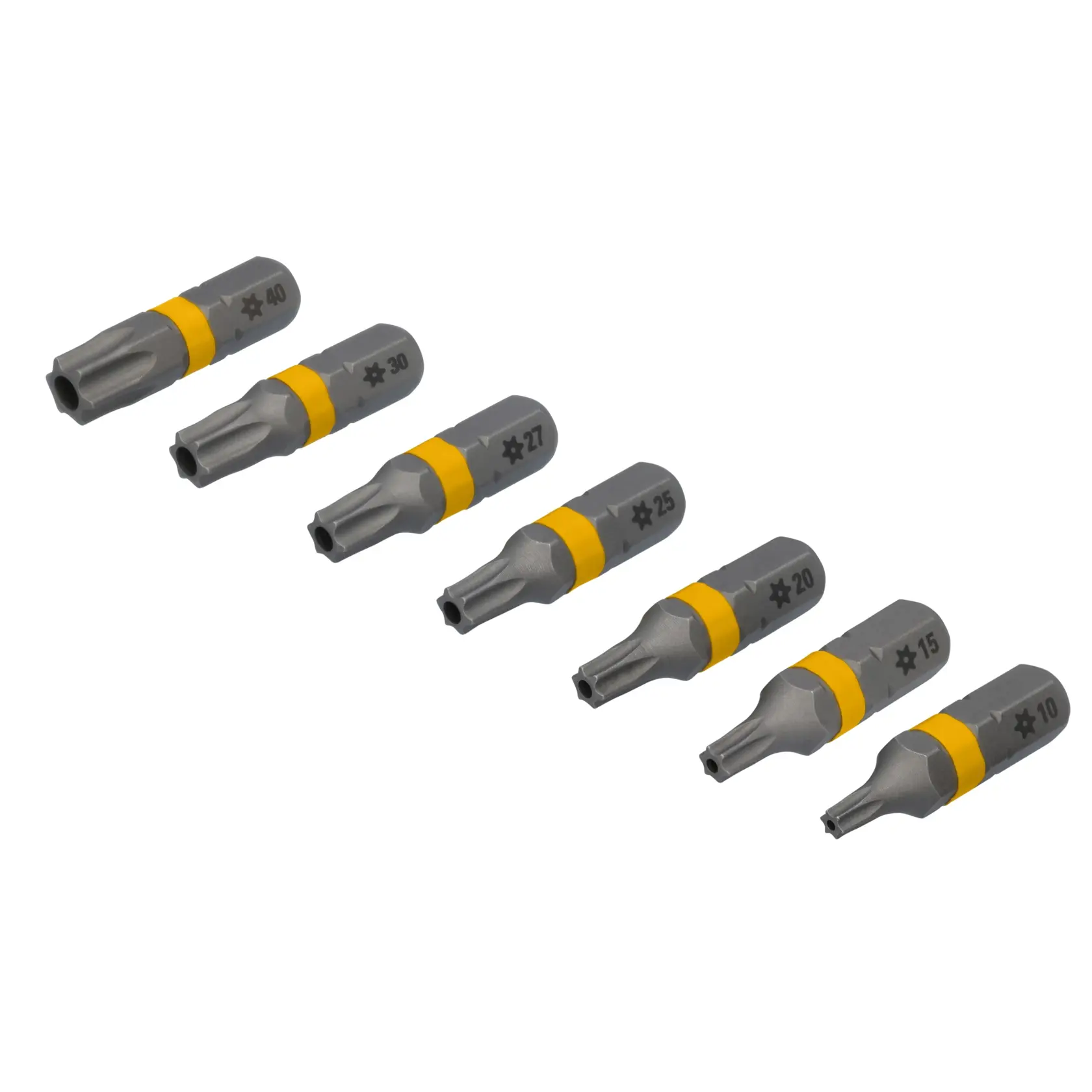 Um conjunto de sete bits de chave de fenda em formato de estrela da DEWALT em tamanhos diferentes, dispostos em uma fileira sobre um fundo branco. Cada bit é feito de metal com uma faixa amarela e está marcado com o tamanho: 40, 30, 27, 25, 20, 15 e 10.