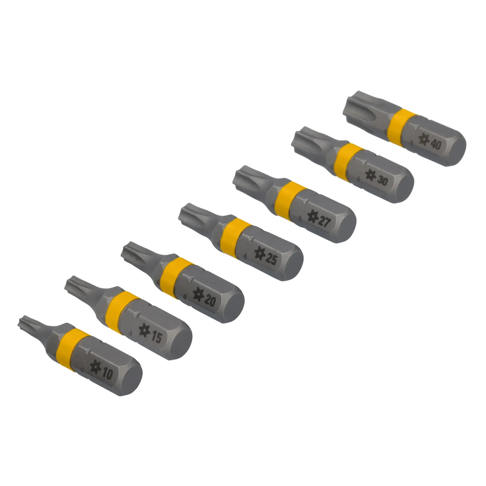 Um conjunto de seis bits de chave de fenda em forma de estrela DEWALT cinza e amarelo, cada um rotulado com diferentes tamanhos: 10, 15, 20, 25, 27, 30 e 40.
