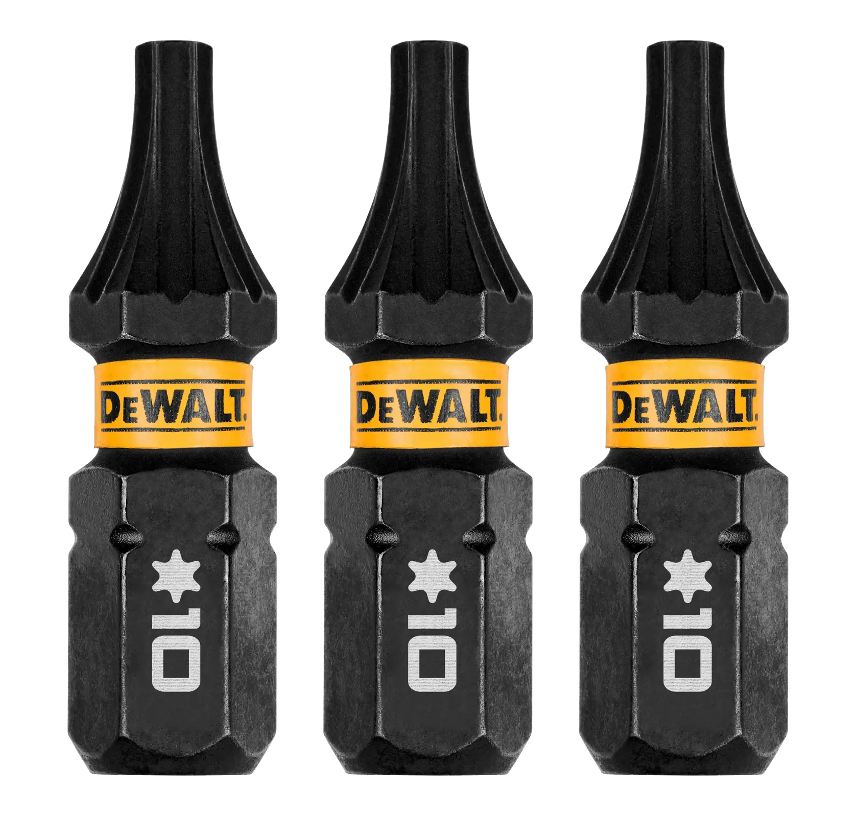 Três bits de chave Torx pretos da marca DEWALT, tamanho T10, com faixas amarelas exibindo o logotipo DEWALT, posicionados lado a lado sobre um fundo branco.