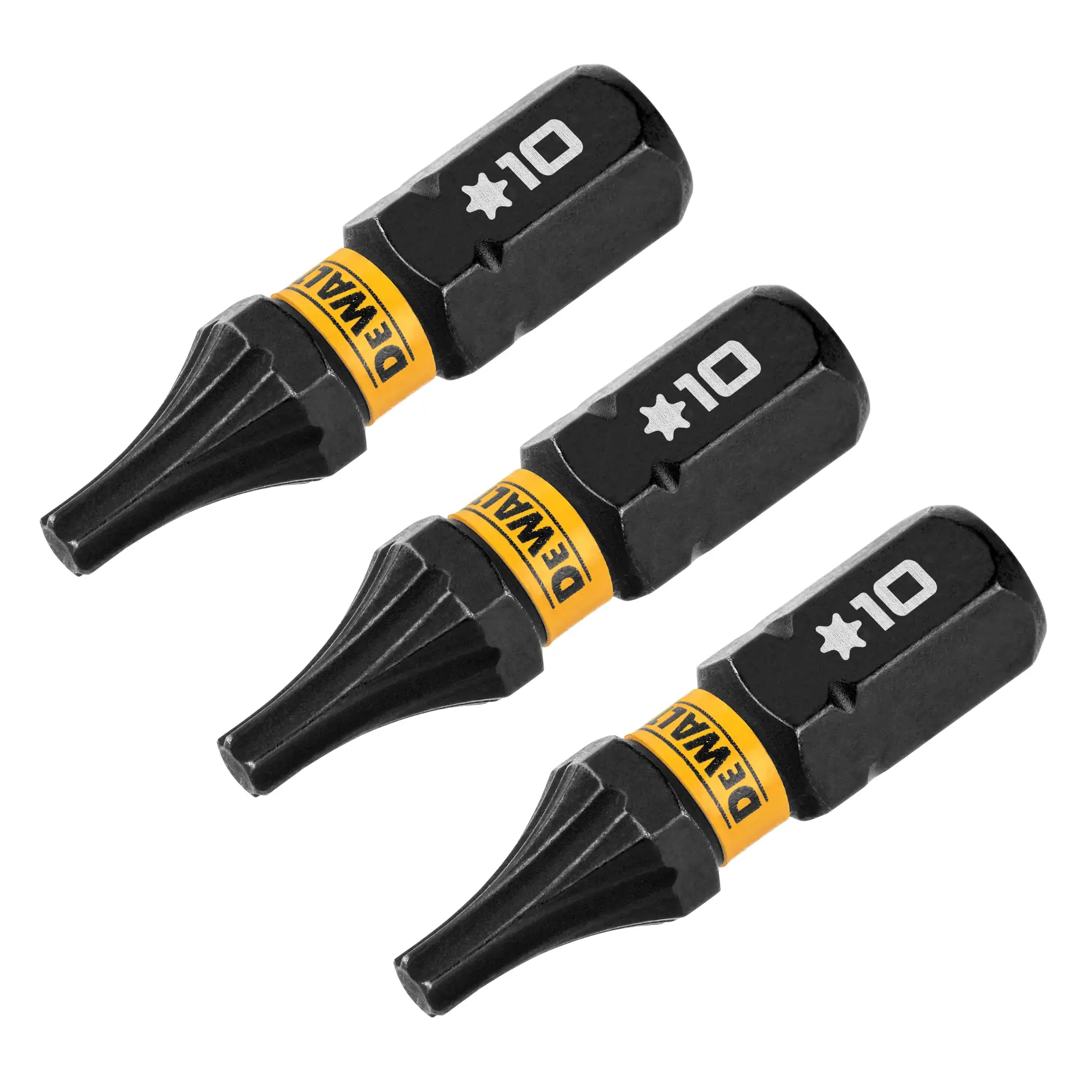 Três pontas de chave de fenda pretas em forma de estrela da marca DEWALT, marcadas com T10 e com um rótulo amarelo, dispostas em linha diagonal sobre um fundo branco.