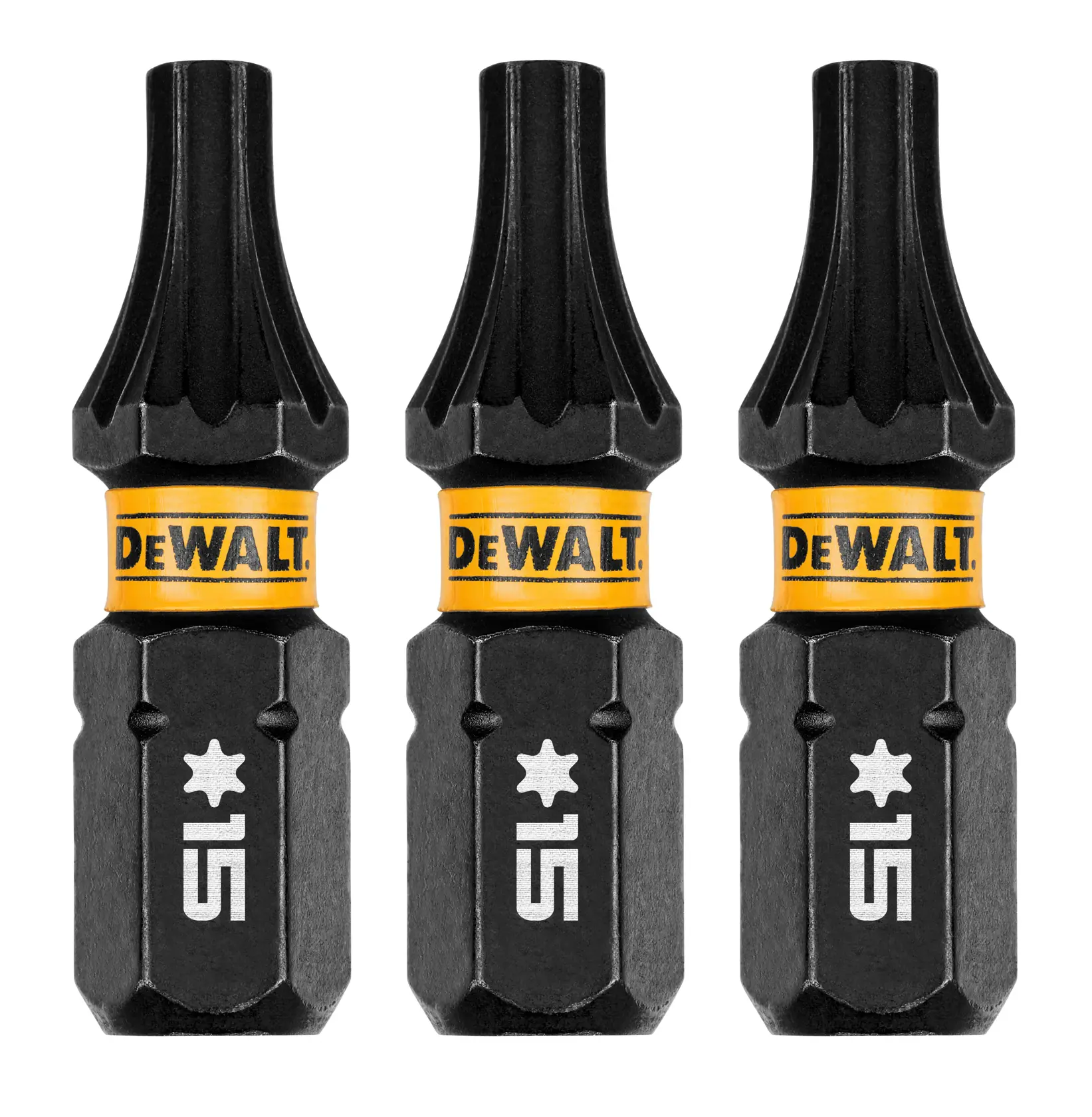 Três bits de parafusadeira DEWALT com encaixe estrela T15 estão posicionados de pé lado a lado. Os bits são pretos com uma faixa amarela exibindo o logotipo DEWALT e marcas brancas identificando o tipo.
