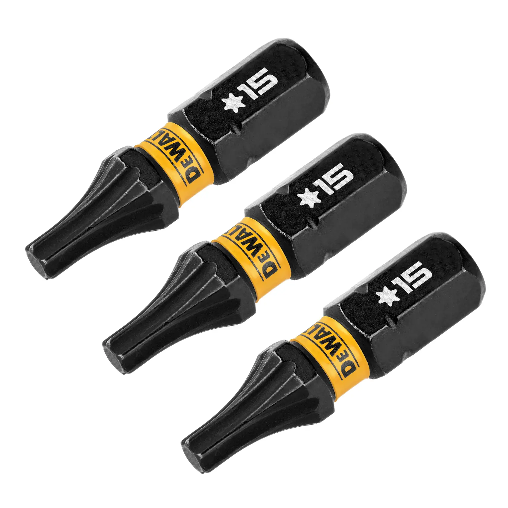Três bits DEWALT Torx T15 para parafusadeira de impacto, cada um com design preto e amarelo e marcado com '15' e um símbolo de estrela.