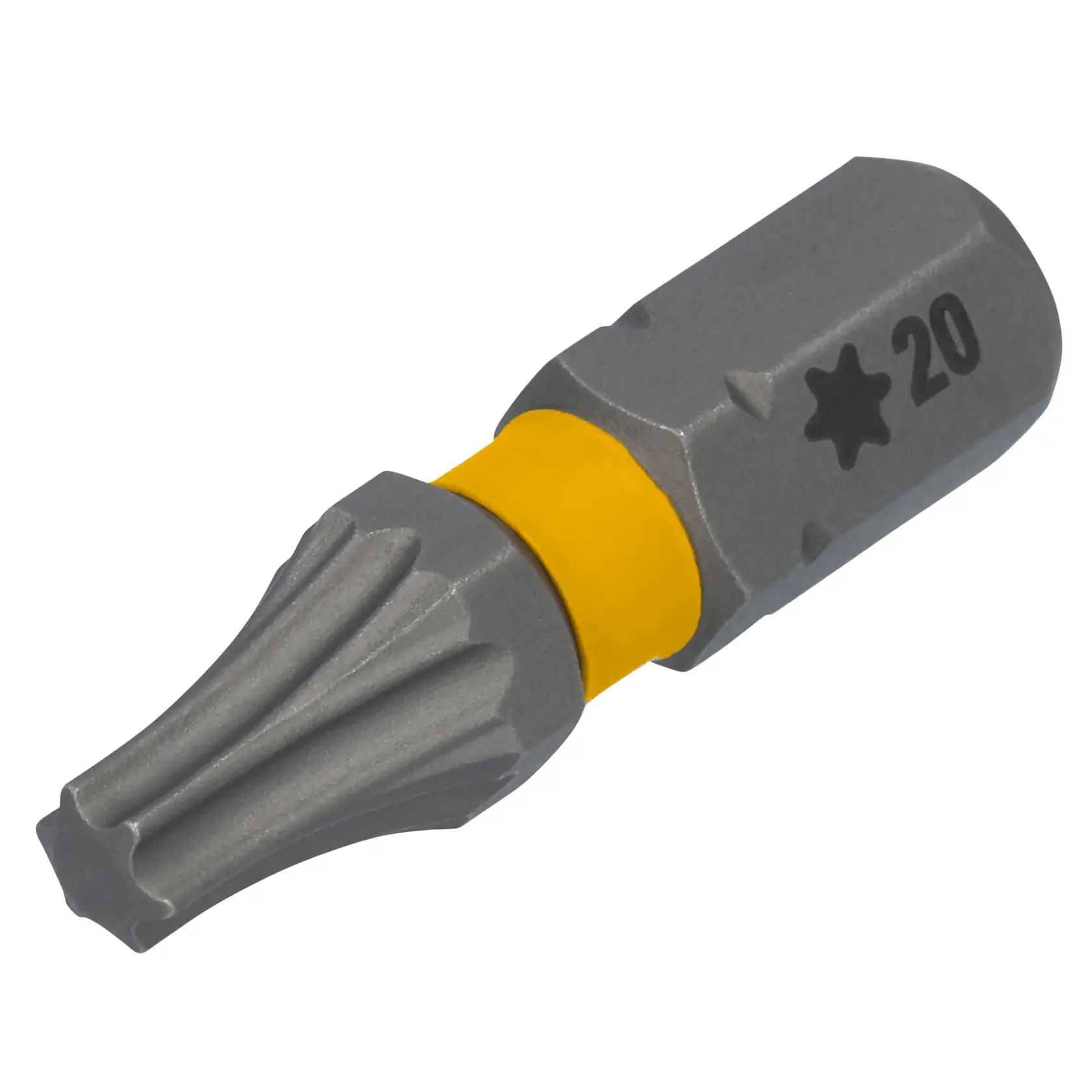 Close-up de uma ponta de parafusadeira Torx 20 DEWALT com um anel amarelo, mostrando sua ponta em formato de estrela e acabamento metálico cinza.