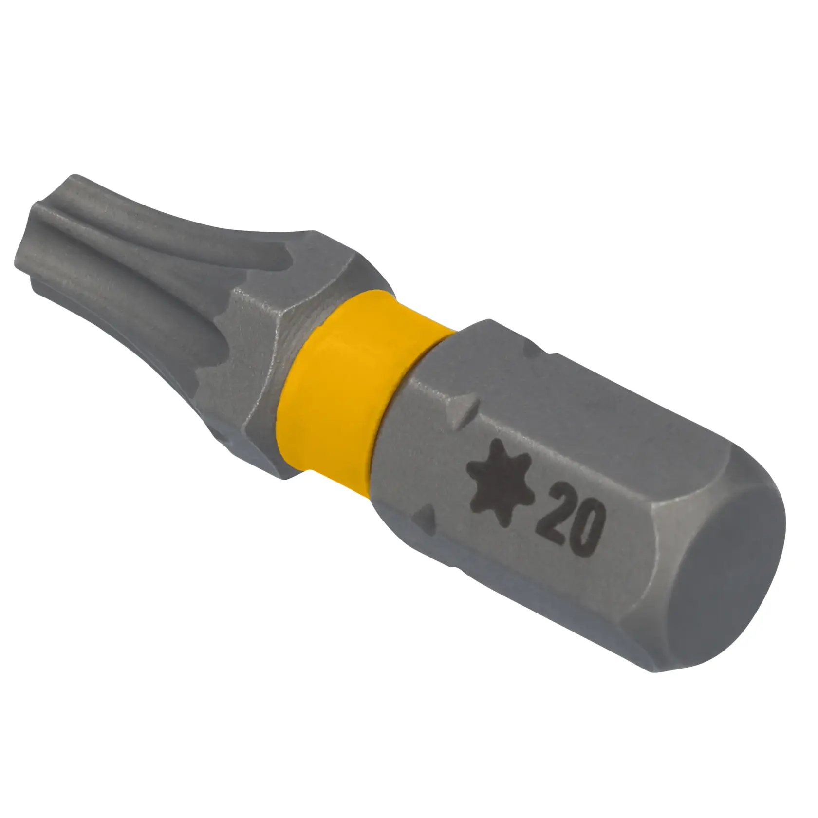 Imagem em close-up de uma ponta de parafusador Torx T20 DEWALT com faixa amarela e acabamento metálico.