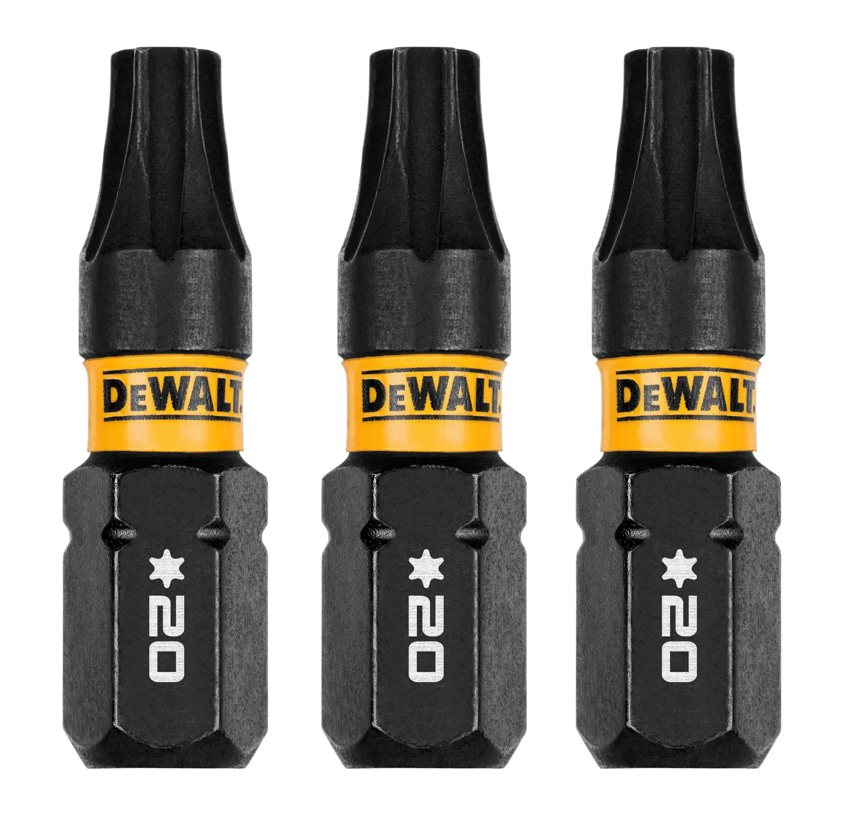 Três pontas de chave de fenda em formato de estrela da marca DEWALT com a marcação número 20, exibidas em pé em uma fila.