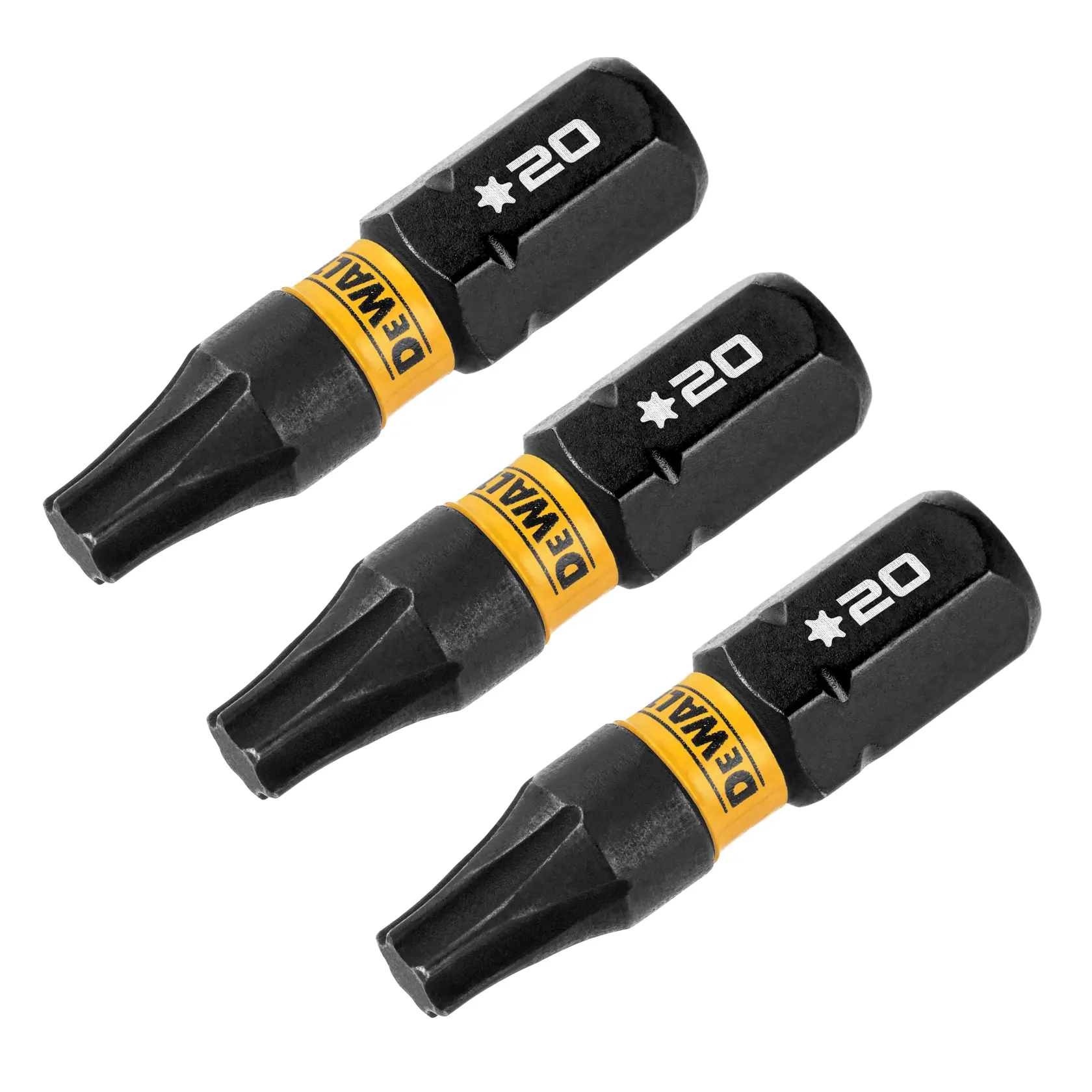 Três pontas de chave de fenda em formato de estrela da marca DEWALT, tamanho T20, na cor preta com etiquetas amarelas DEWALT.