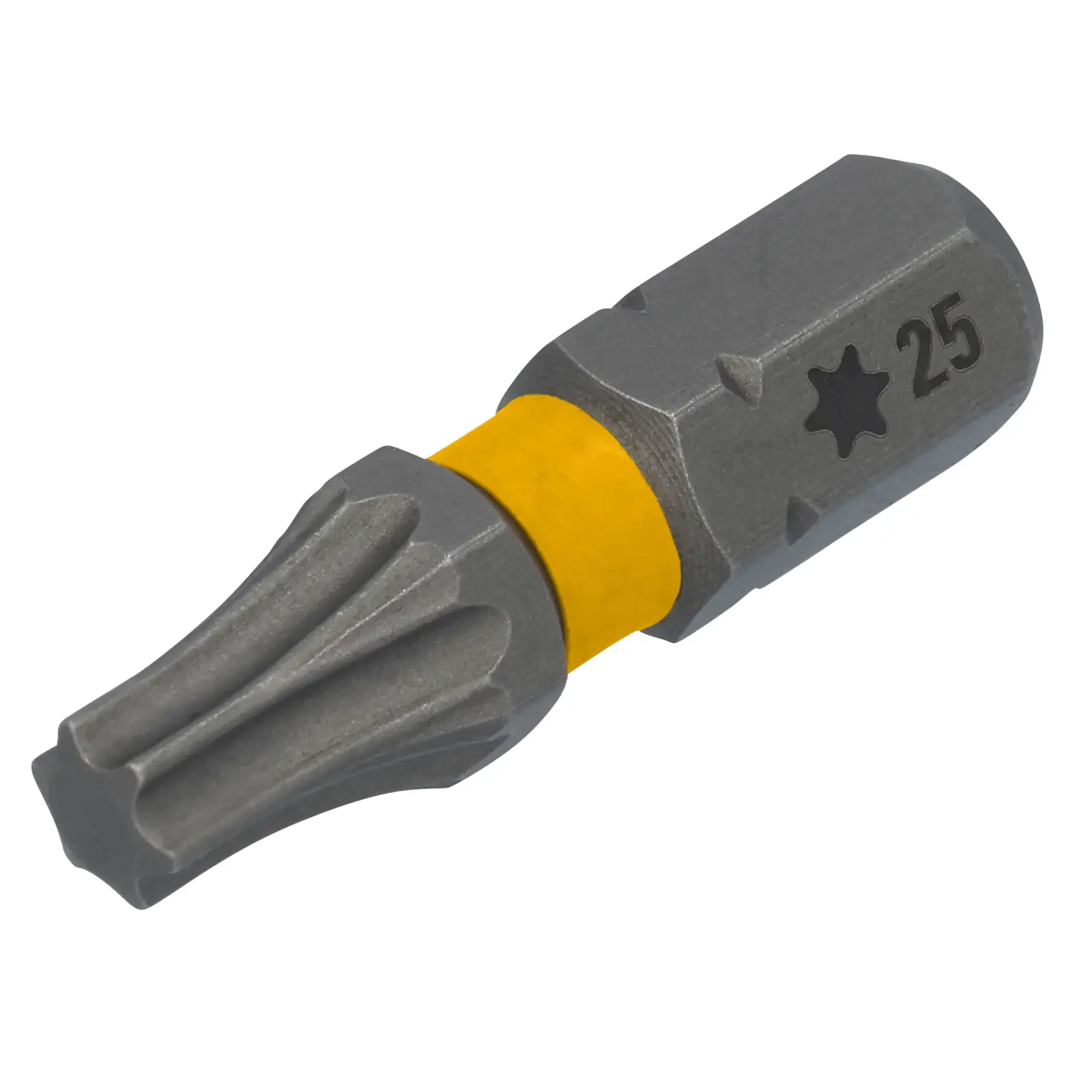Imagem em close de uma ponta de chave Torx DEWALT, com um anel amarelo e a marcação '25' indicando seu tamanho.