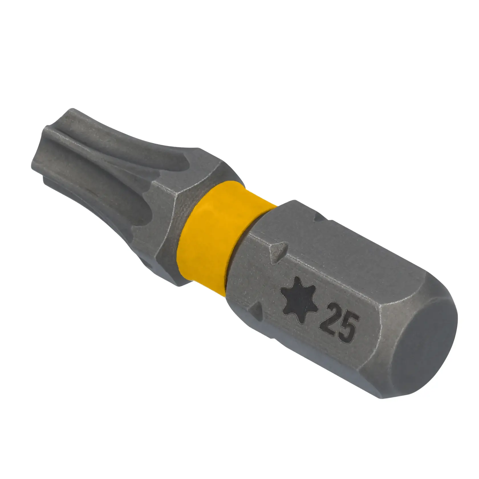 Imagem em close de uma ponta de parafusadeira em forma de estrela DEWALT com um anel amarelo e marcação '25', usada para apertar e parafusos.