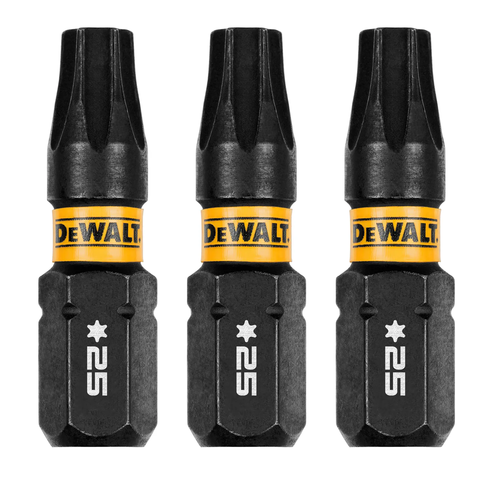 Três bits de parafusadeira DEWALT preto e amarelo, tamanho TX25, exibidos em fila sobre fundo branco.