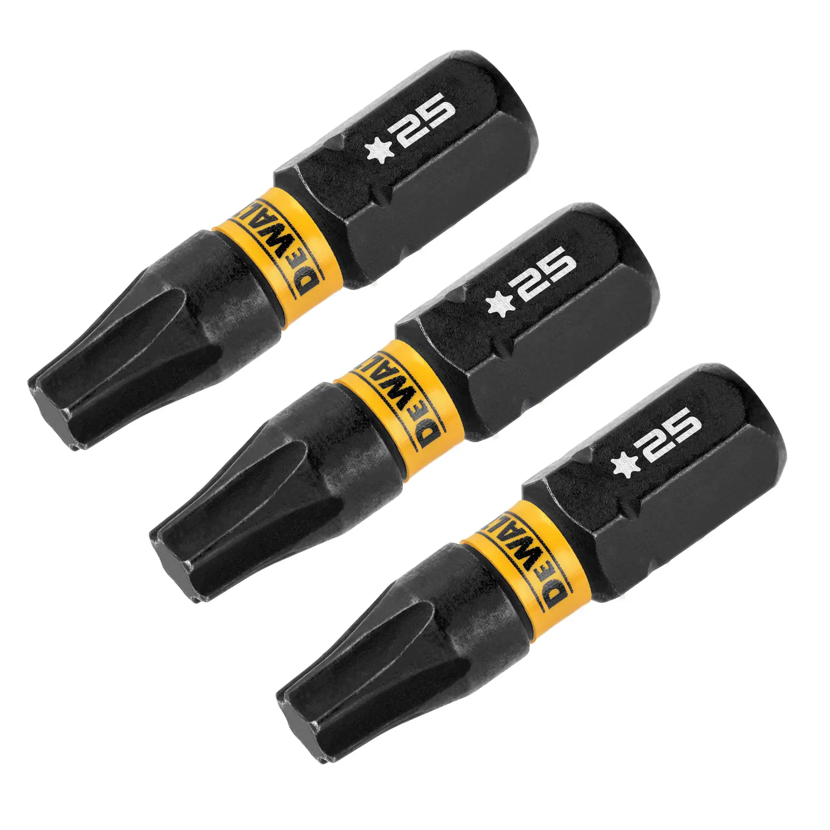 Três bits de chave de fenda Torx DEWALT pretos e amarelos tamanho T25, dispostos diagonalmente em um fundo branco.