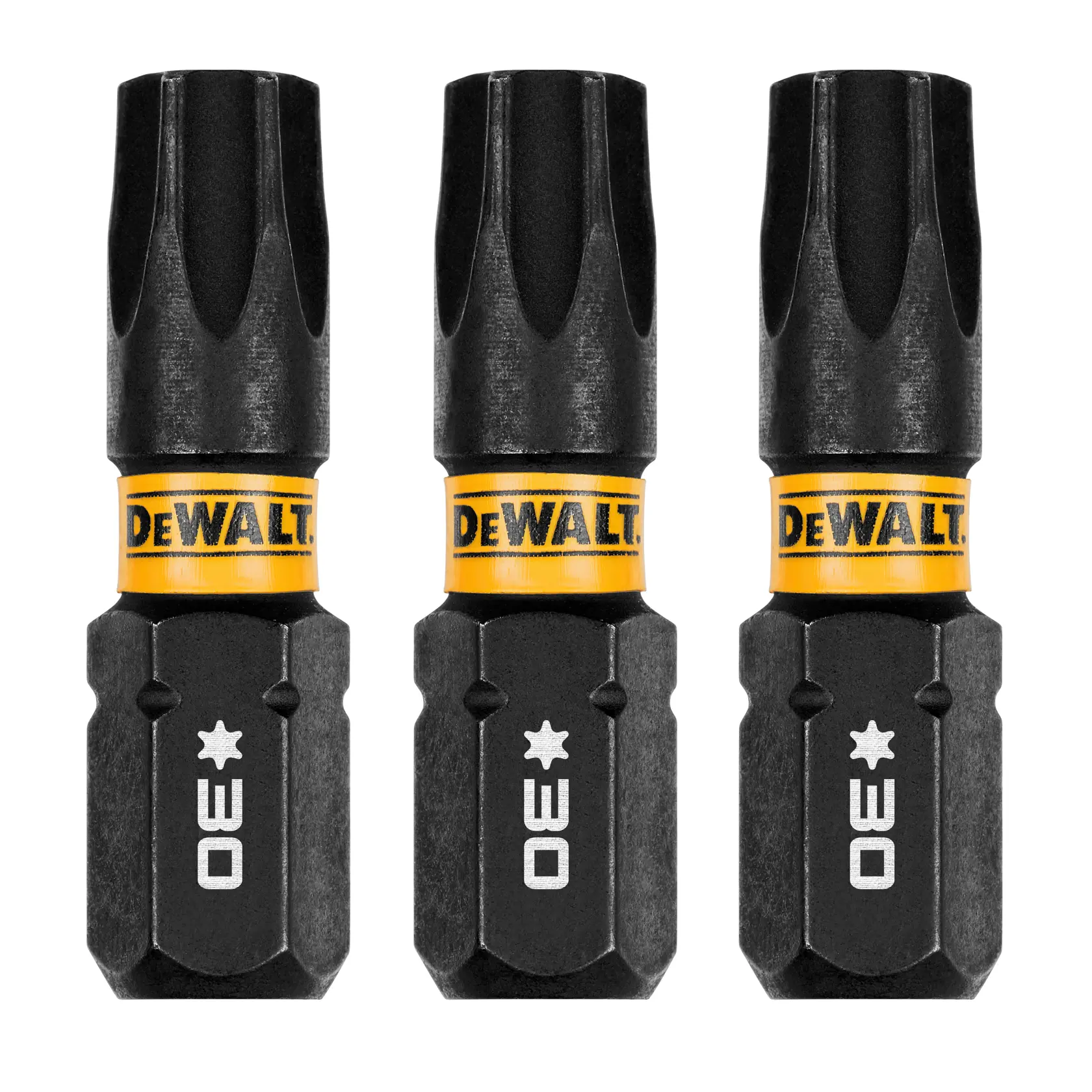Três bits de chave de fenda DEWALT pretos e amarelos para parafusadeiras de impacto, dispostos verticalmente lado a lado.