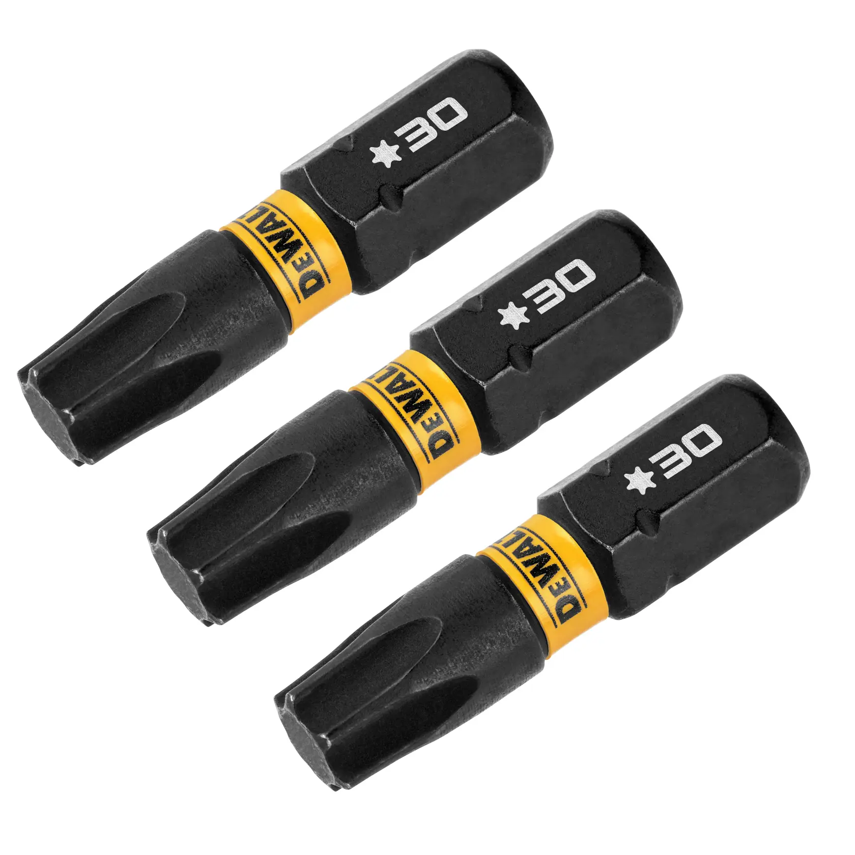 Três bits de chave de fenda DEWALT pretos e amarelos em formato de estrela, cada um identificado com T30.