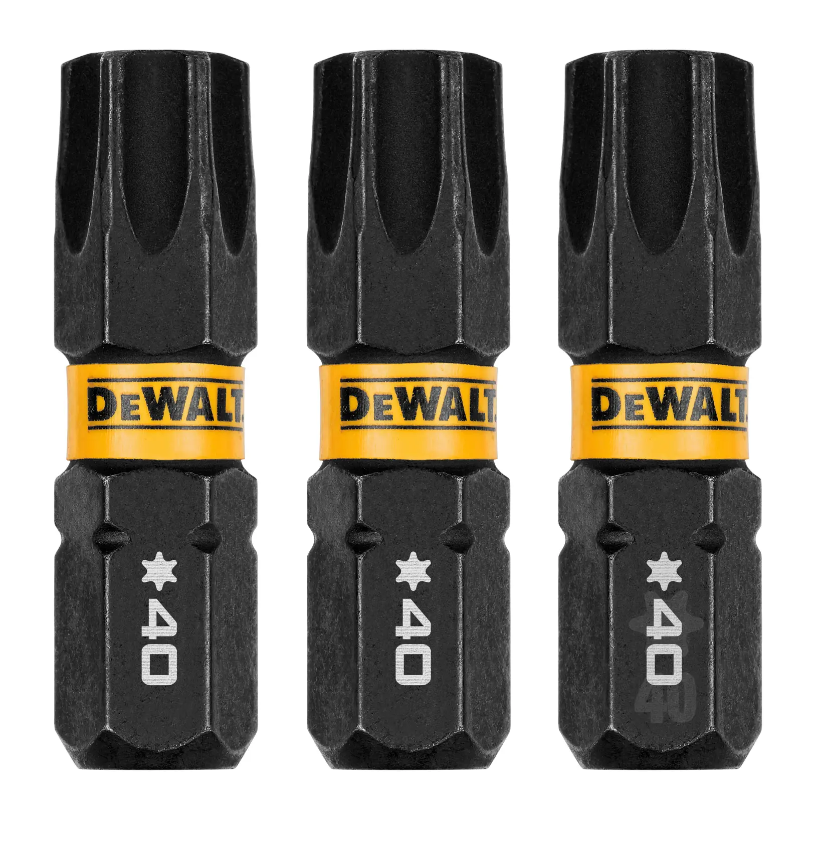 Três bits de chave de fenda pretos da marca DEWALT estão em pé. Cada bit tem uma faixa amarela com o logotipo DEWALT e a marca '40' abaixo de um símbolo de estrela perto da base.