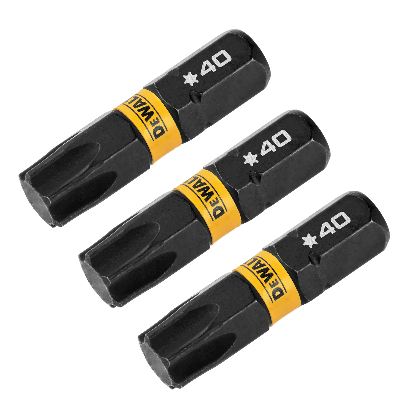 Três bits de chave de fenda em forma de estrela da DEWALT, pretos e amarelos, cada um com o número 40.