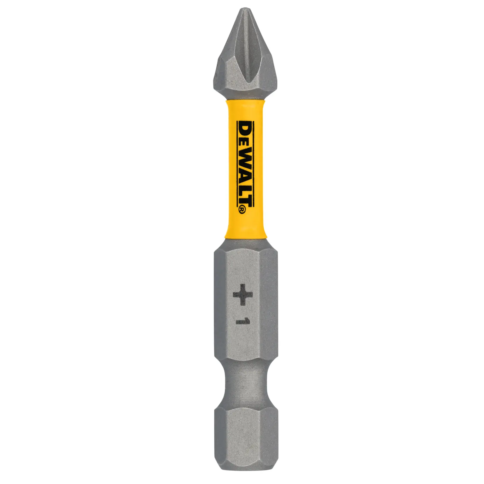 Uma ponta de parafuso da marca DEWALT com seção central amarela e extremidades cinza, apresentando uma ponta Phillips e a marca '+1' perto da base.