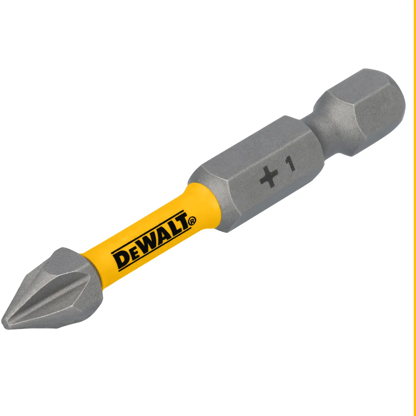 Uma ponta de chave Phillips da marca DEWALT com haste amarela e pontas prateadas, marcada com '+1'.