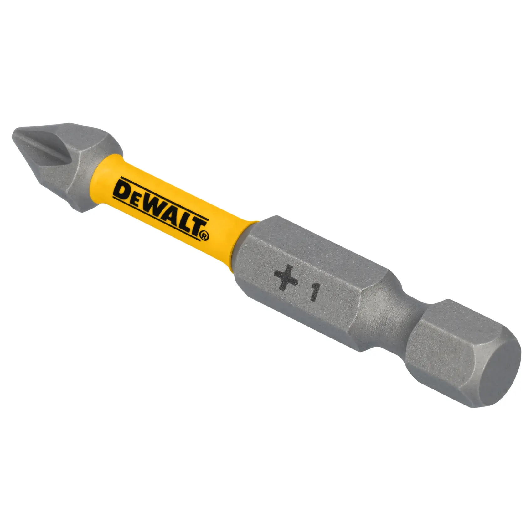 Uma ponta de parafuso Phillips da marca DEWALT, tamanho PH1, com haste amarela e base hexagonal.