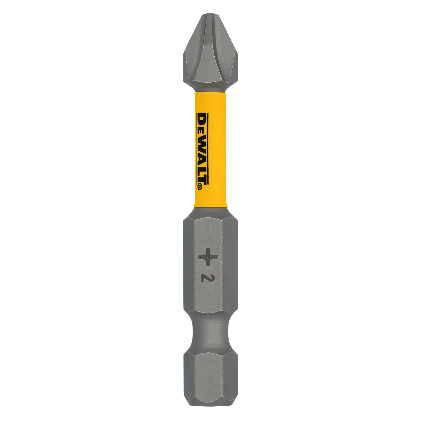 Uma ponta de parafusadeira de dupla face da marca DEWALT com centro amarelo e extremidades de metal cinza, apresentando uma cabeça Phillips e a marcação '+2'.