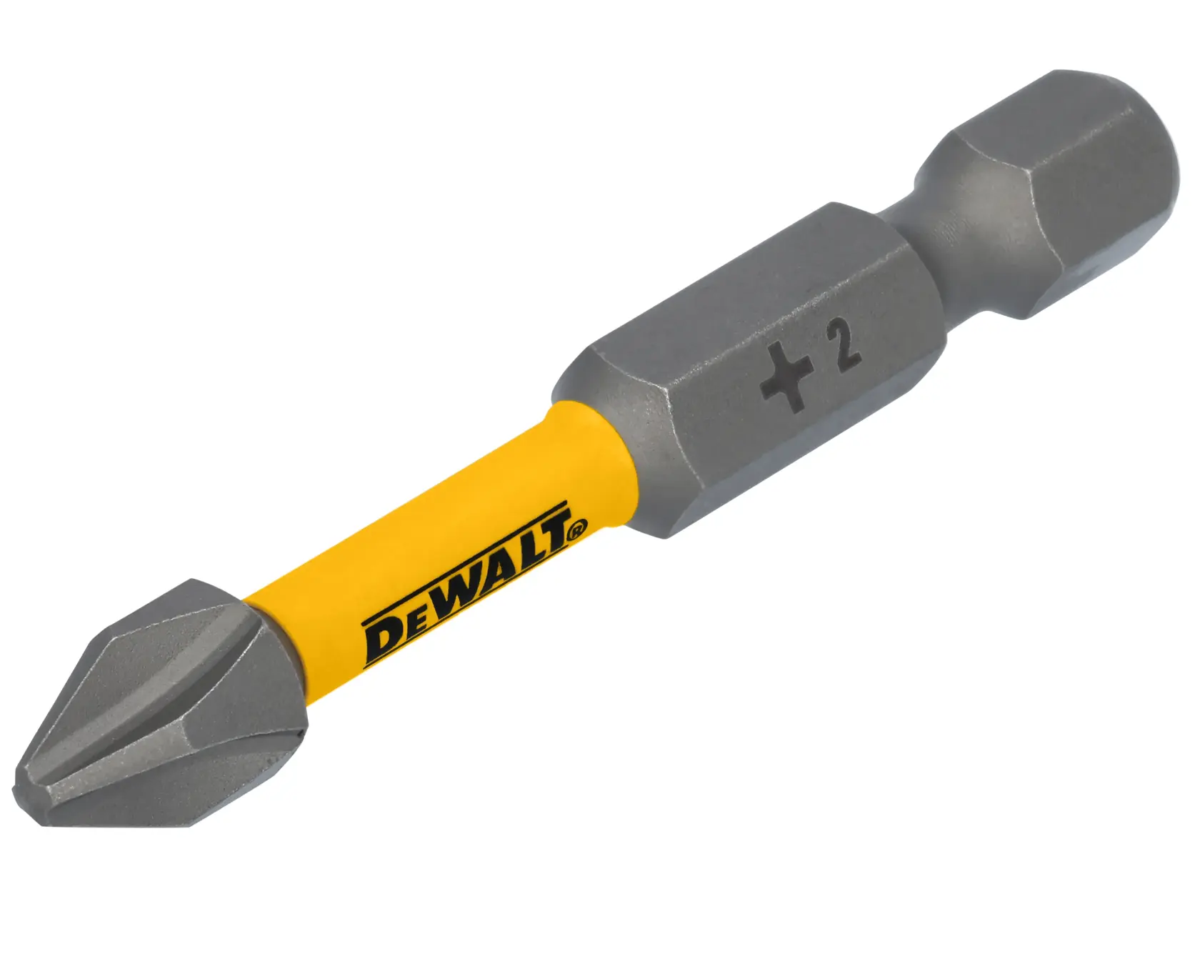 Uma ponta de chave Phillips nº2 da DEWALT com haste amarela e extremidades cinzas, projetada para uso em ferramentas elétricas.