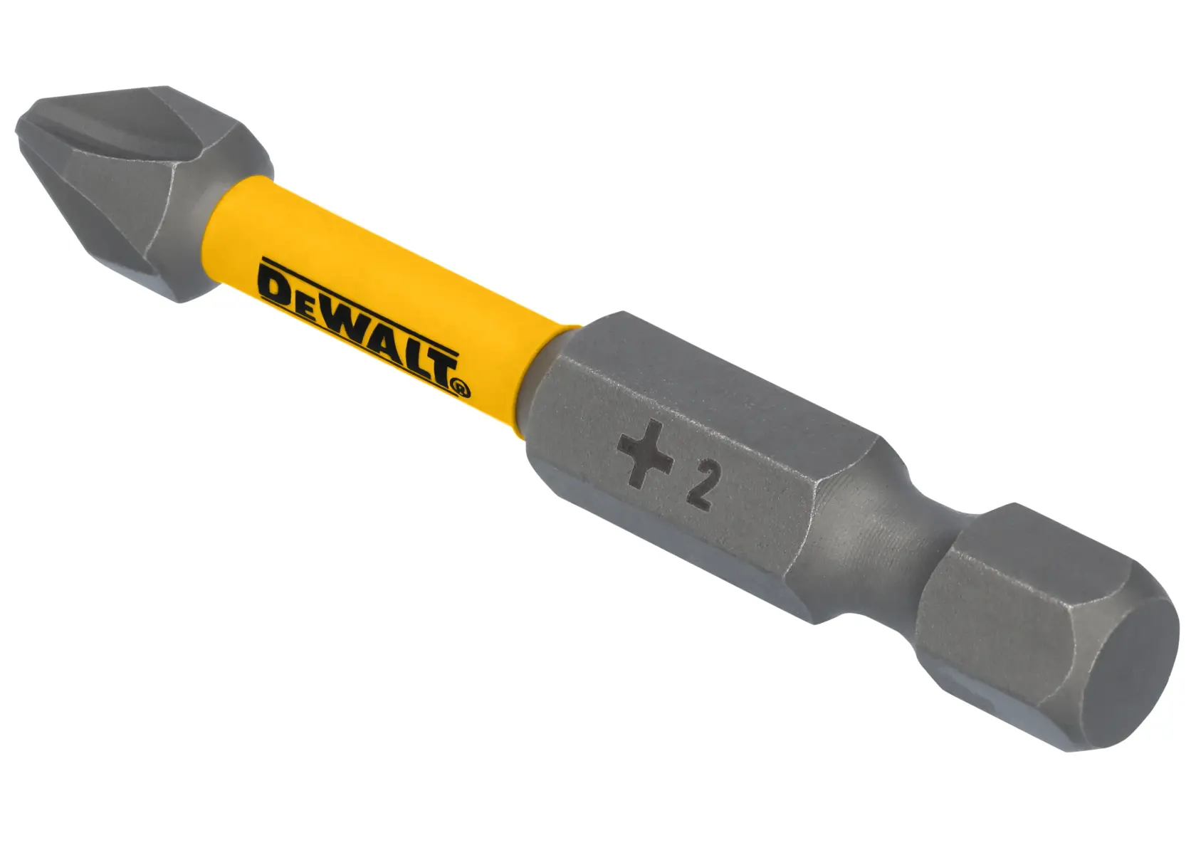Uma ponta de chave Phillips da marca DEWALT com haste amarela e marcação de tamanho +2, projetada para uso com ferramentas elétricas.