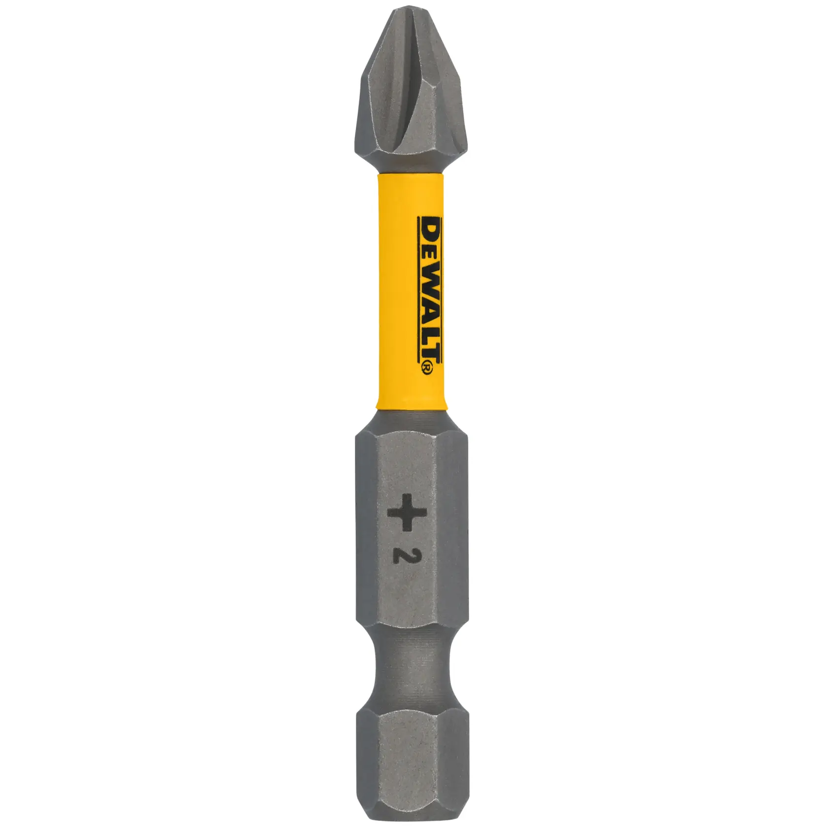 Uma ponta de chave Phillips nº 2 da marca DEWALT com centro amarelo e extremidades cinza.