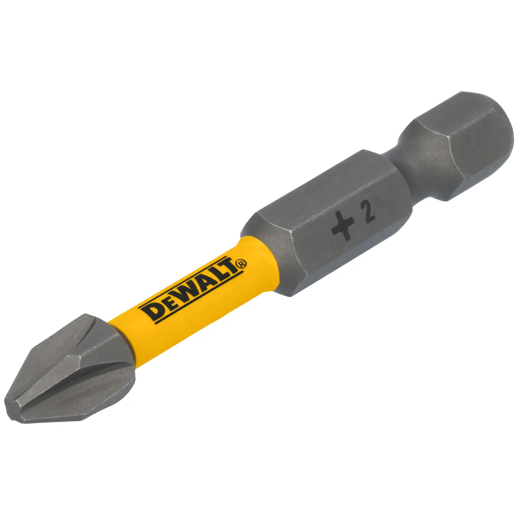 Uma ponta de chave Phillips da marca DEWALT com haste amarela e ponta metálica, marcada com um sinal de mais e o número 2.