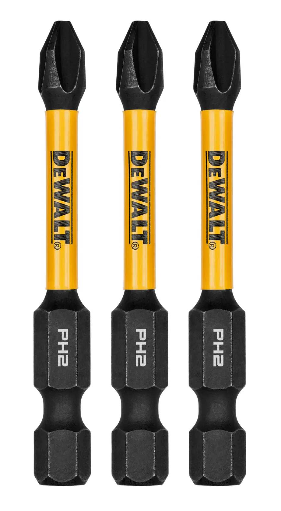 Três bits de impacto para parafusadeira DEWALT PH2 nas cores amarelo e preto, apresentados em pé e lado a lado.