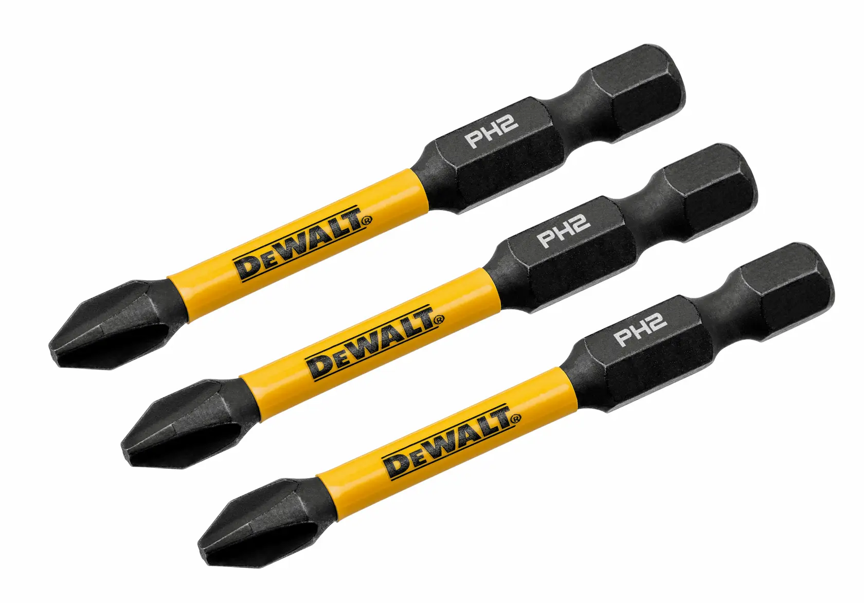 Três pontas de parafusadeira Phillips PH2 da marca DEWALT com hastes amarelas e pontas pretas, dispostas na diagonal sobre um fundo branco.