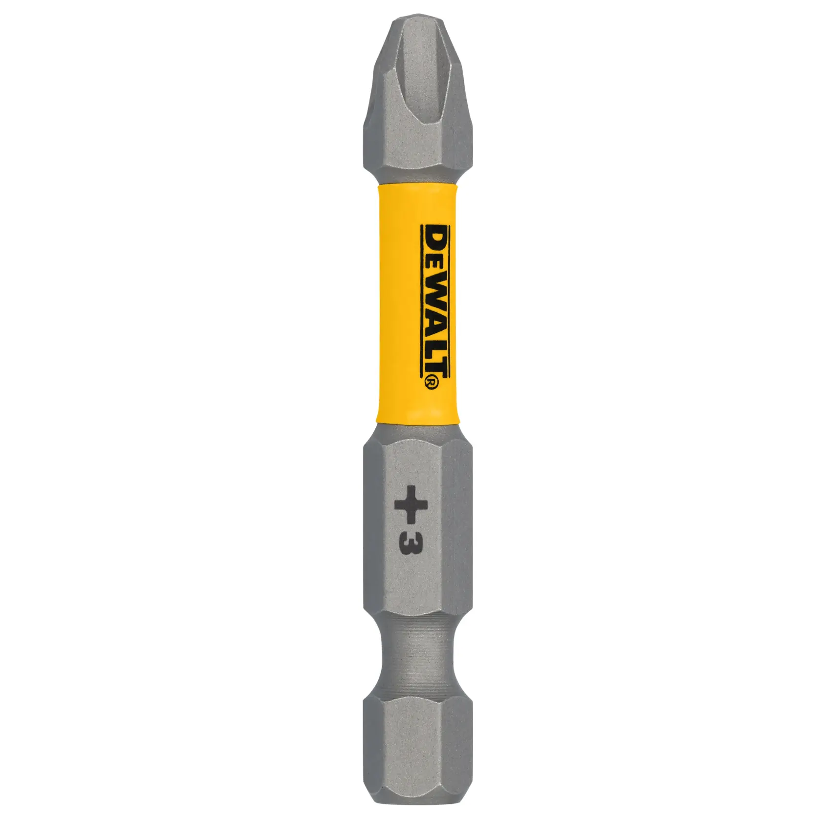Uma ponta de parafuso DEWALT com seção central amarela, apresentando uma ponta Phillips #3, projetada para uso com ferramentas elétricas.
