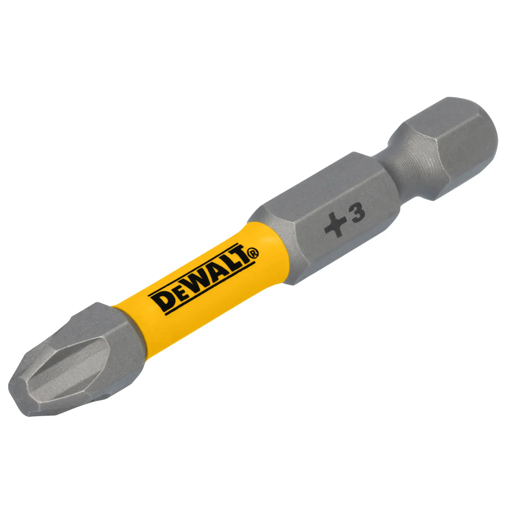 Uma ponta de chave Phillips nº 3 da marca DEWALT com haste amarela e extremidades de metal cinza.