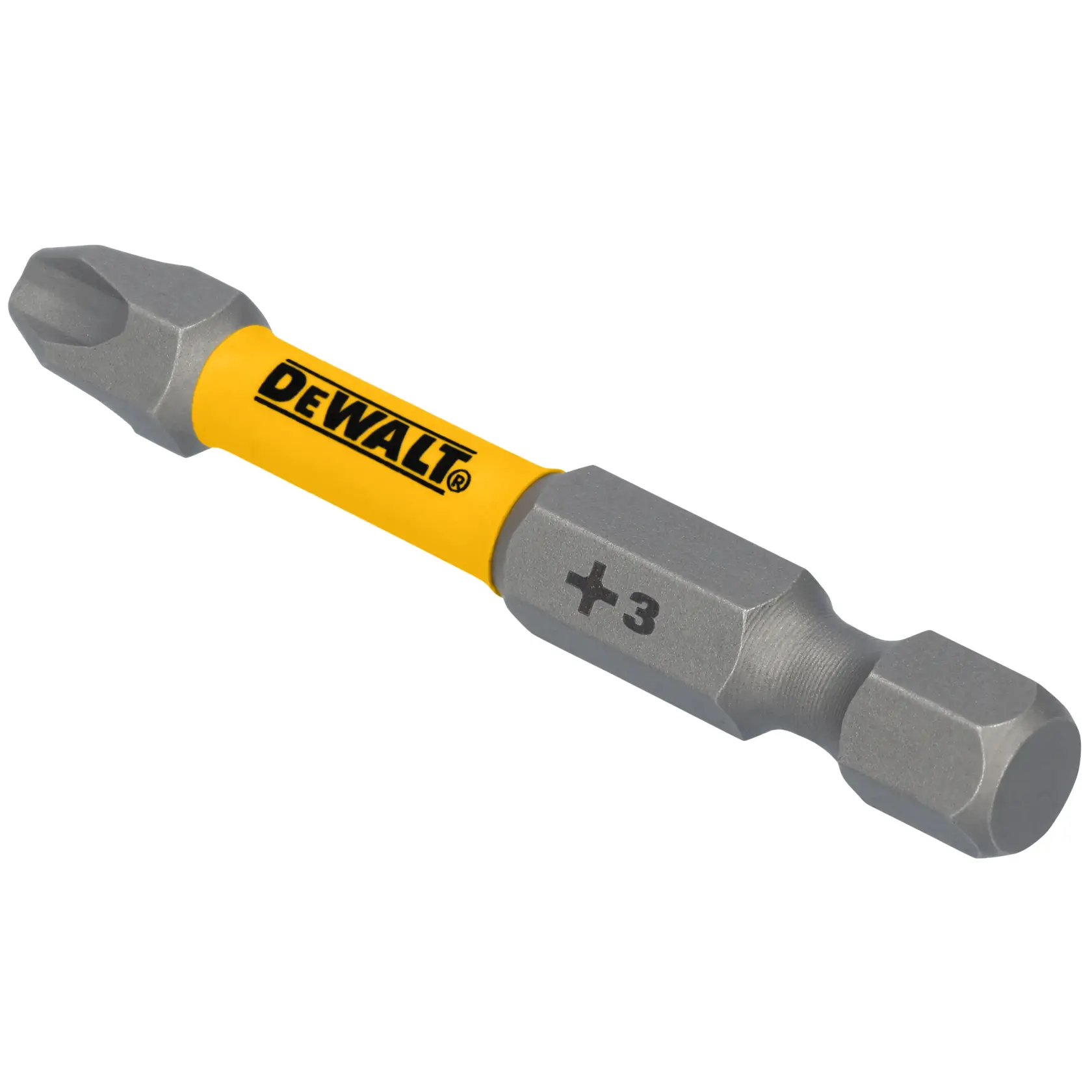 Imagem em close de uma ponta de parafusadeira da marca DEWALT, com haste amarela e ponta Phillips nº 3.