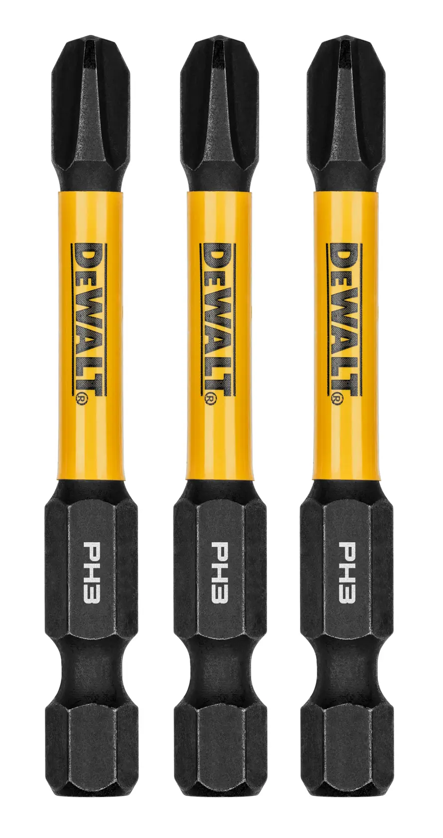 Três pontas de chave de fenda DEWALT PH3 com design amarelo e preto estão exibidas verticalmente lado a lado em um fundo branco.