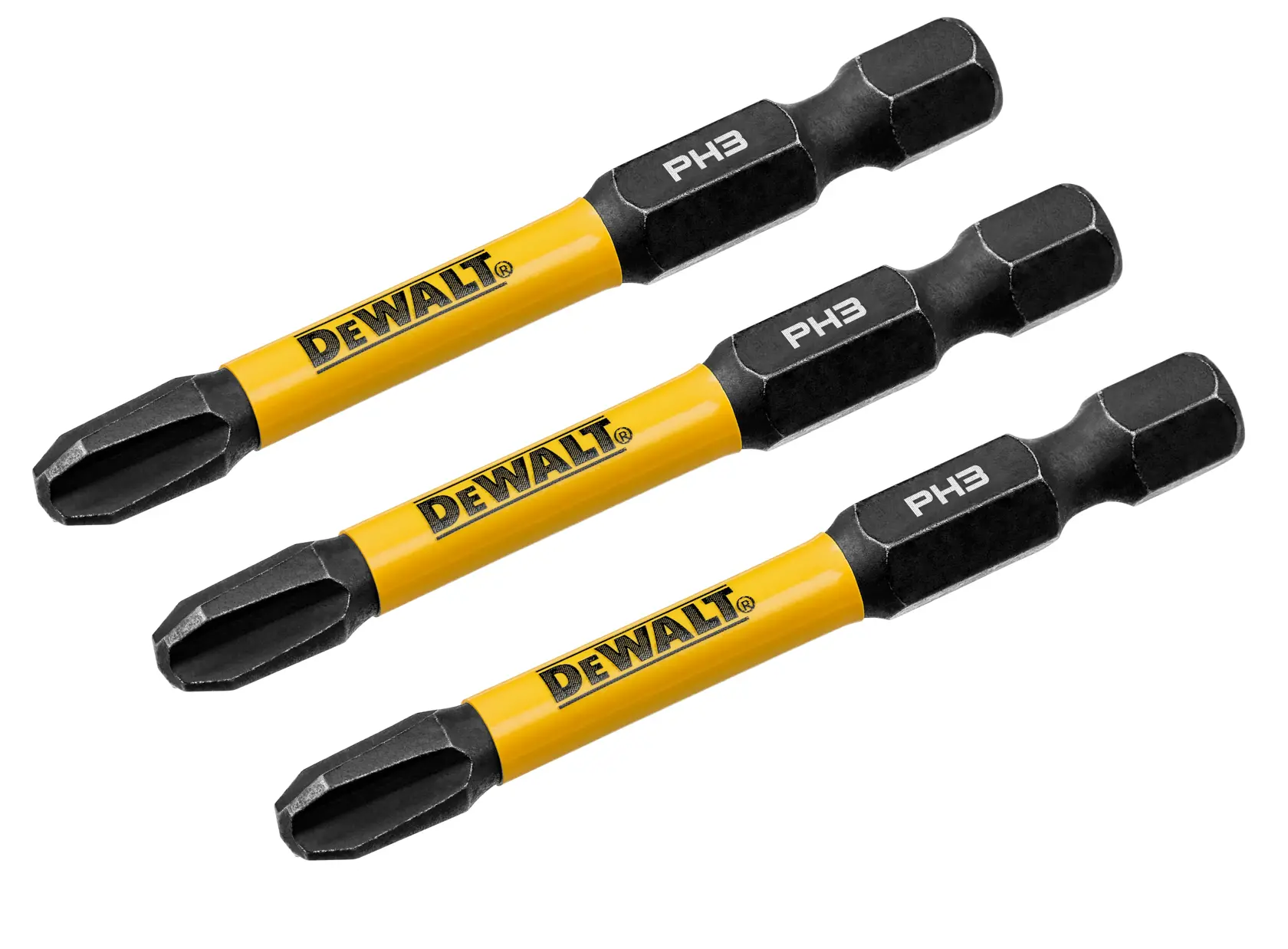 Três bits de chave de fenda DEWALT PH3 com cor amarela e preta, exibidos em disposição diagonal sobre fundo branco.