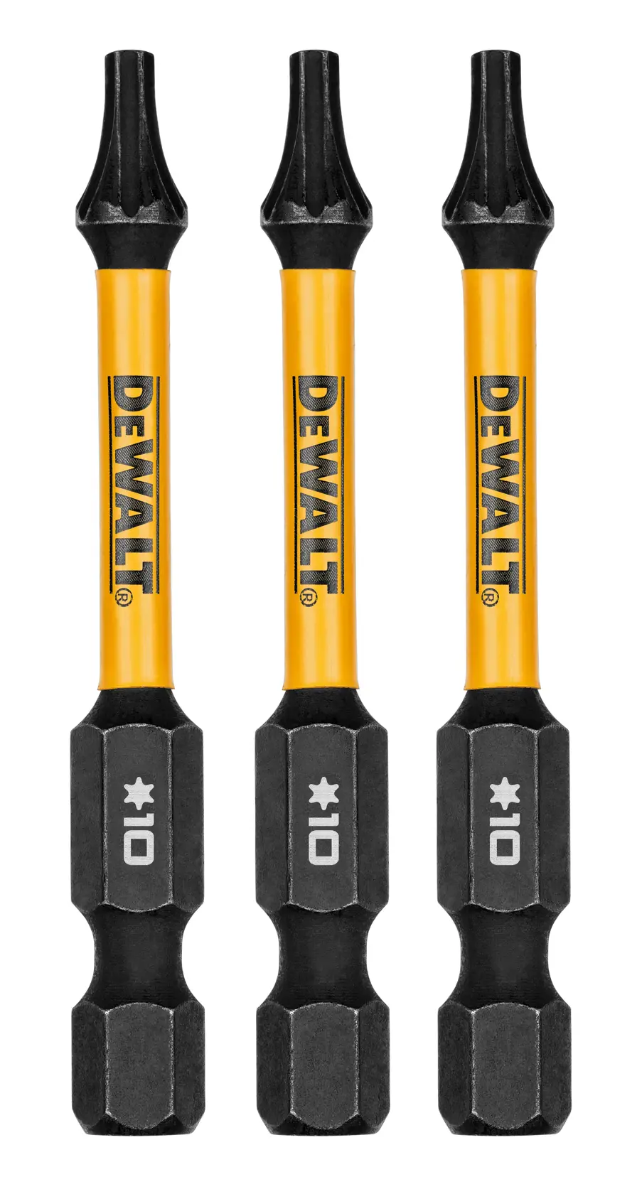 Três bits de chave de fenda tipo estrela T10 da marca DEWALT com haste amarela e extremidades pretas, organizados verticalmente lado a lado.