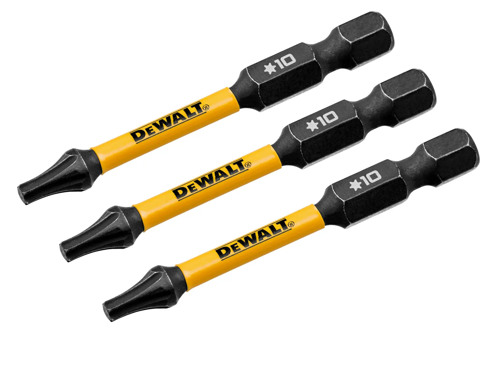 Três ponteiras de chave de fenda em forma de estrela da marca DEWALT, tamanho T10, com hastes amarelas e pontas pretas, organizadas diagonalmente sobre um fundo branco.