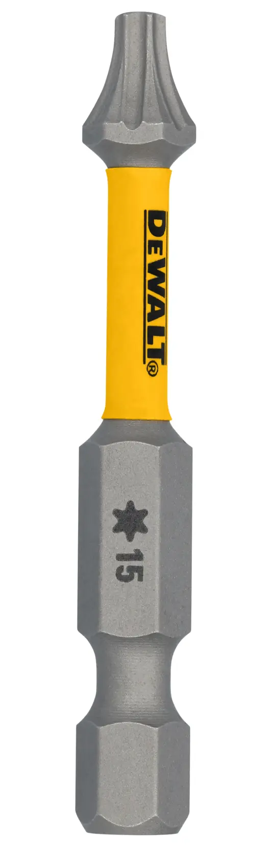 Um bit de parafusadeira da marca DEWALT com seção central amarela, ponta em formato de estrela e marcado com '15' na extremidade cinza.