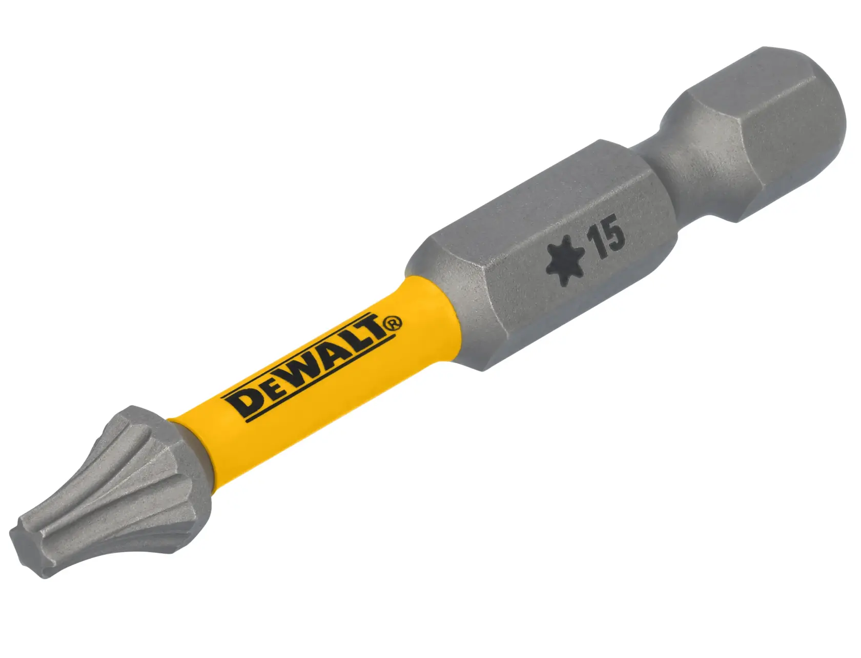 Uma ponta de chave Torx da marca DEWALT com haste amarela e extremidades prateadas, marcada com o tamanho T15.