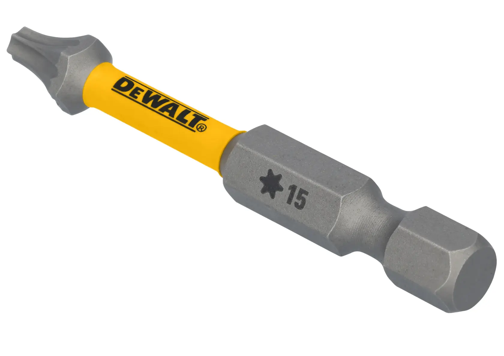 Uma ponta de chave Torx da marca DEWALT com cores amarela e cinza, marcada com um símbolo de estrela e o número 15.
