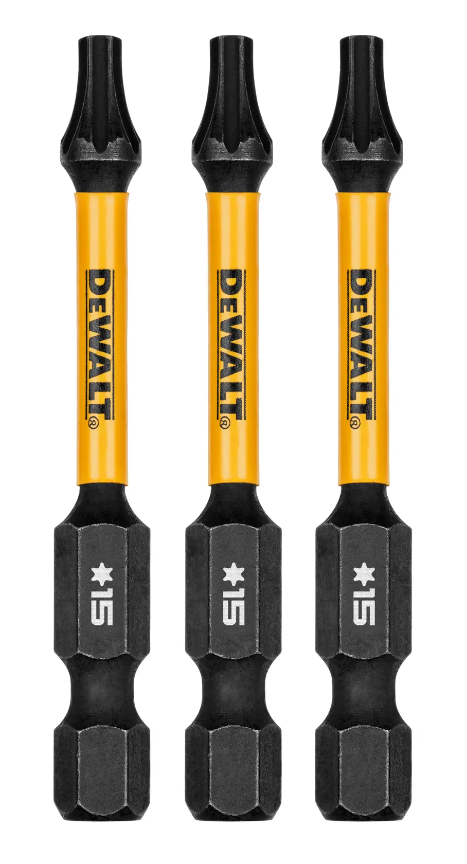 Três bits de chave de fenda Torx T15 DEWALT resistentes ao impacto com hastes amarelas e extremidades pretas, dispostos verticalmente lado a lado.