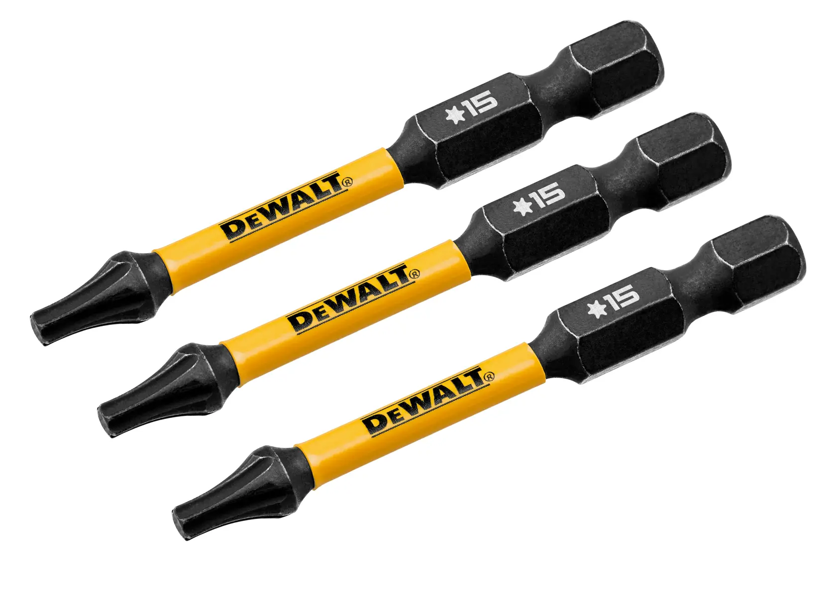Três pontas de parafusadeira nas cores amarela e preta da marca DEWALT, cada uma com a marcação '15', dispostas paralelamente sobre um fundo branco.