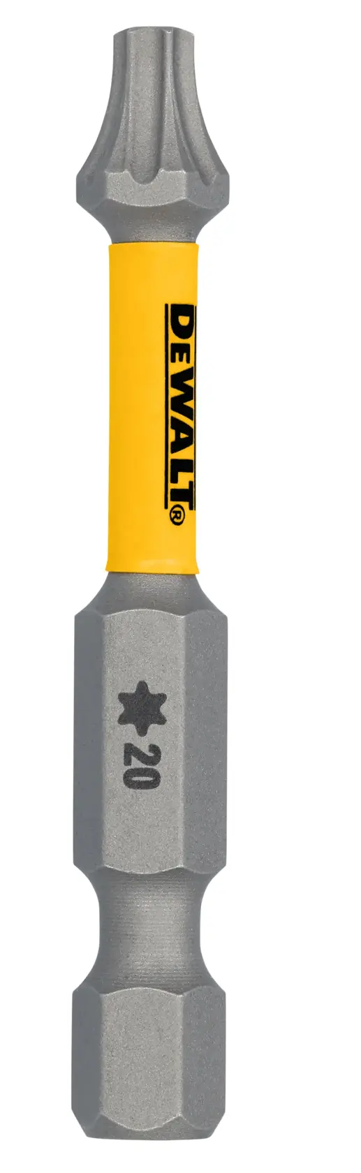 Uma ponta de chave de fenda em forma de estrela da marca DEWALT com colar amarelo e o número '20' marcado no corpo.