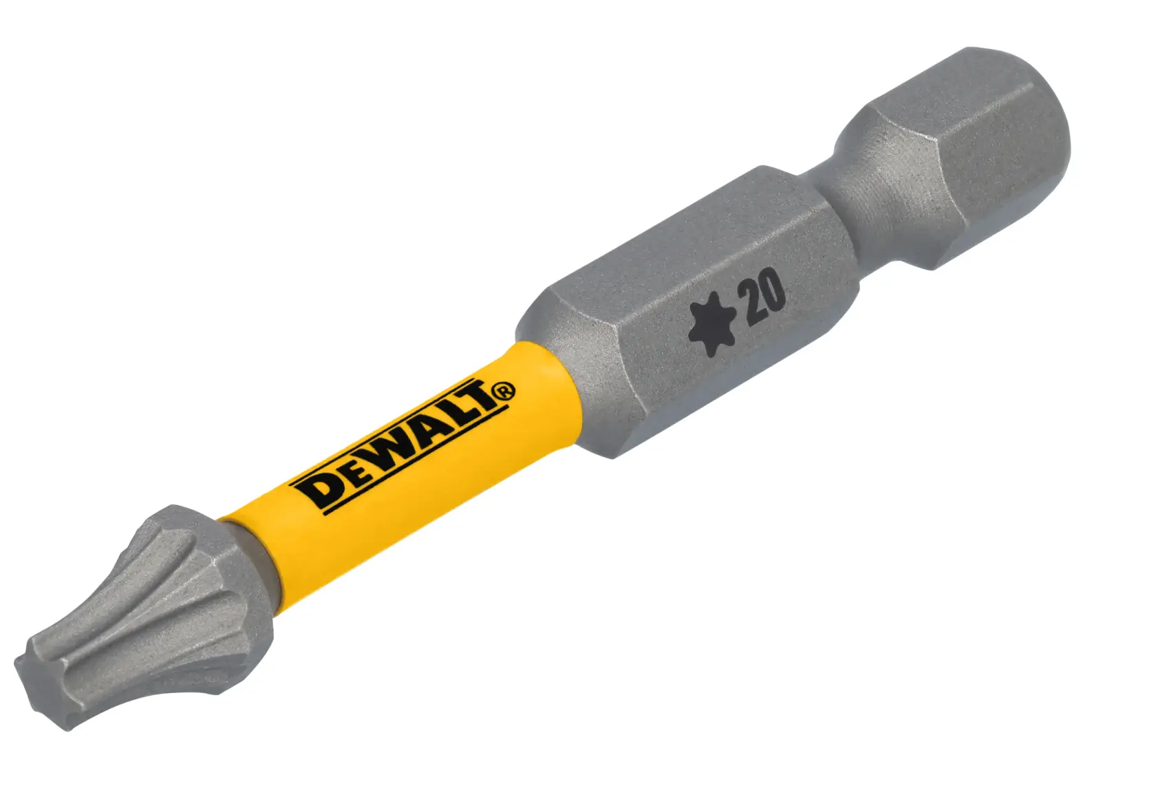 Vista de perto de uma ponta de chave Torx em formato de estrela da marca DEWALT, com haste amarela e extremidades metálicas cinzas, marcada com '20' e um símbolo de estrela.