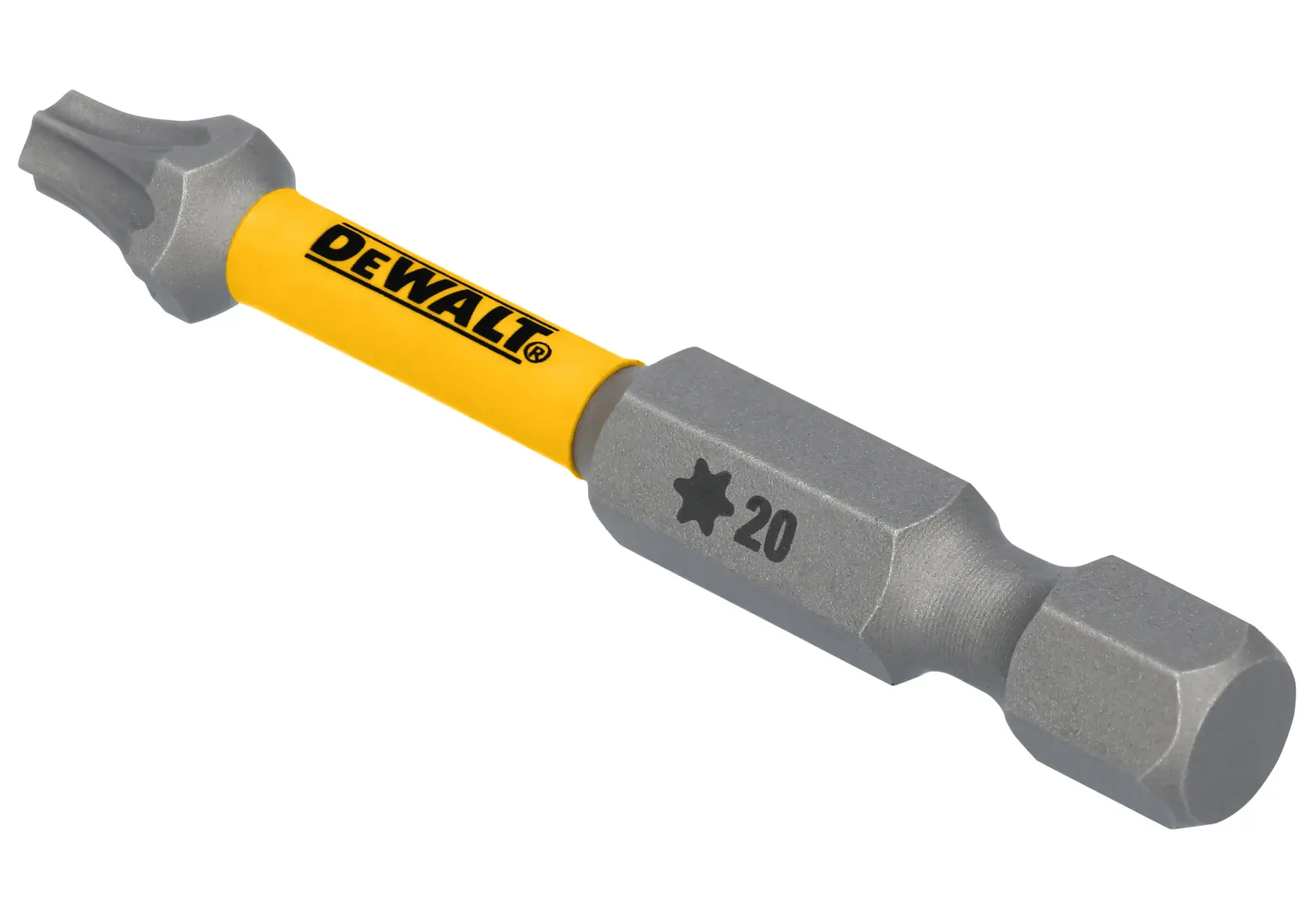 Uma ponta de chave Torx em formato de estrela da marca DEWALT, rotulada como tamanho 20, com design amarelo e cinza metálico.