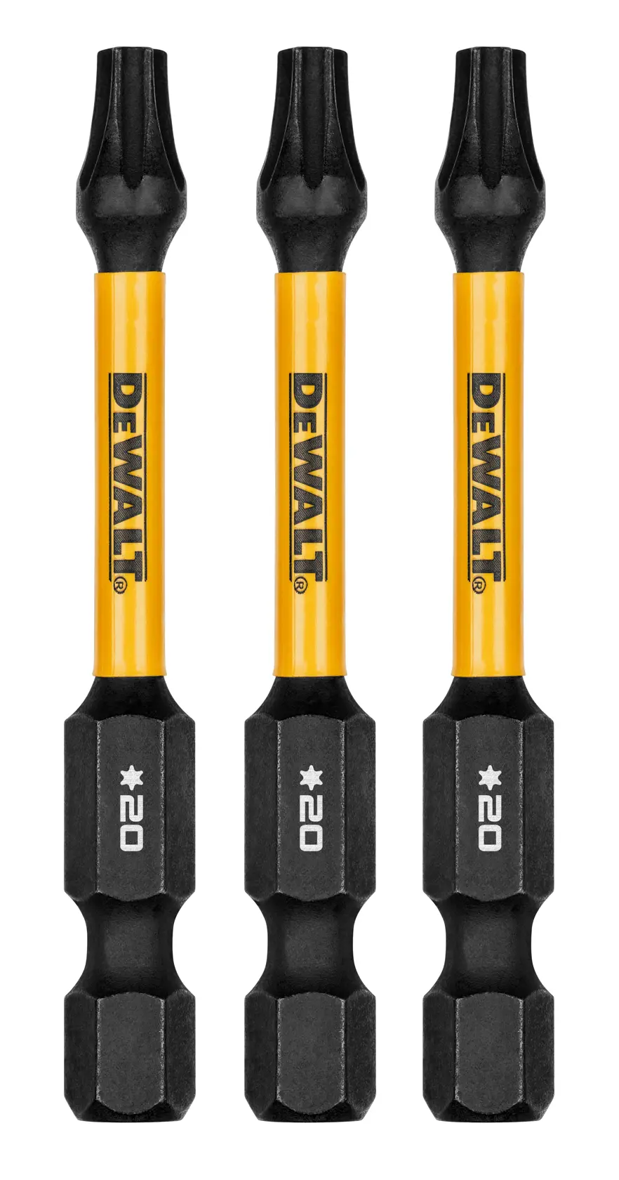 Três bits de parafusadeira tipo estrela T20 da marca DEWALT com cabos amarelos e extremidades pretas, dispostos verticalmente em uma fileira.
