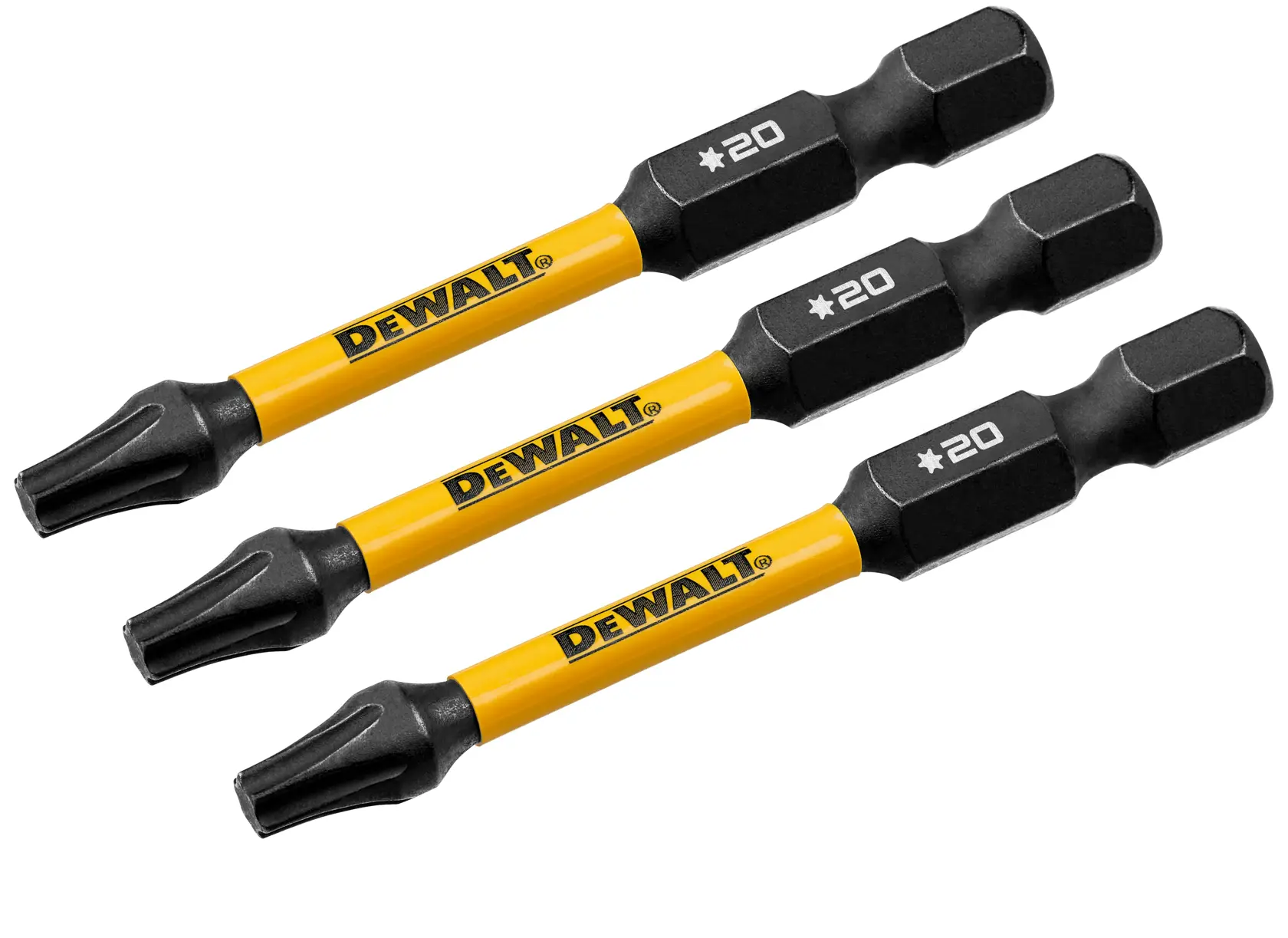 Três bits de chave de fenda DEWALT amarelos e pretos, cada um com a marca TX20, estão dispostos paralelamente sobre um fundo branco.